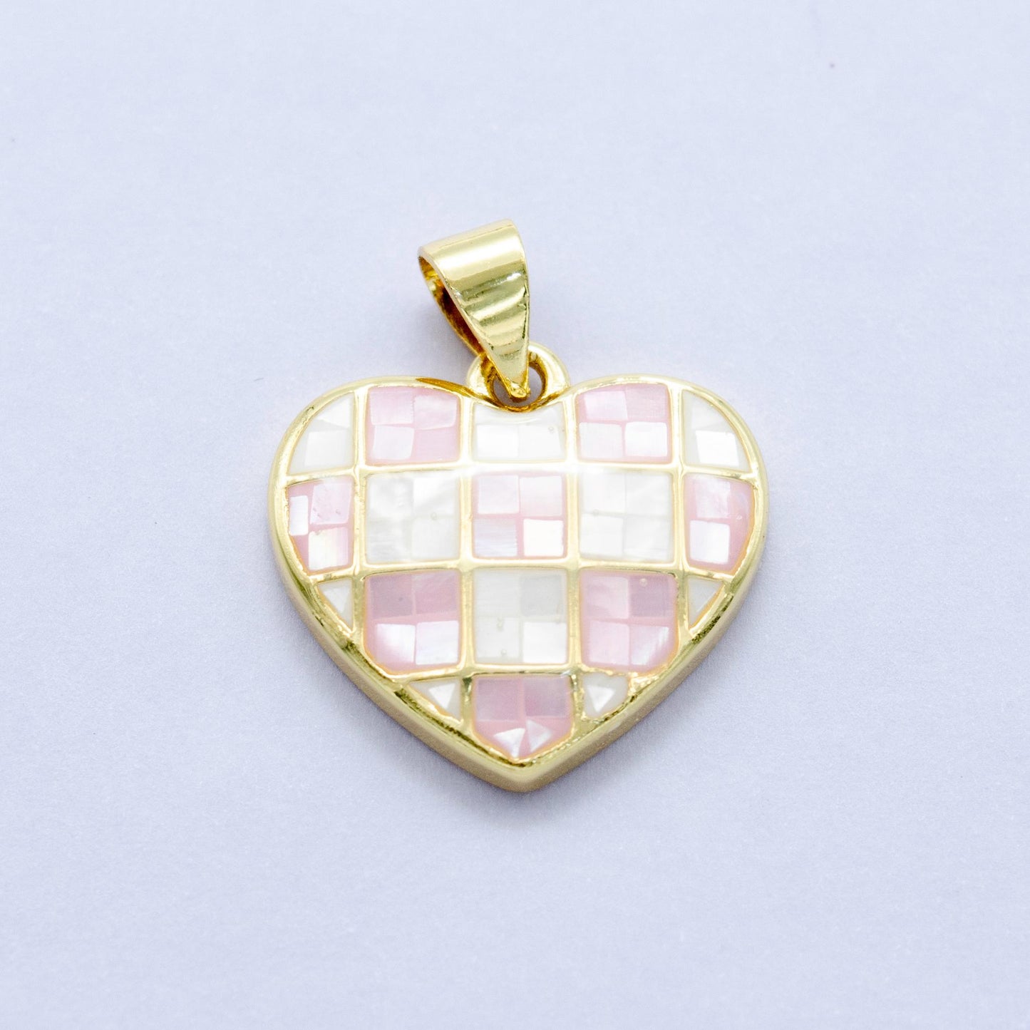 Gold Pink Opal Pendant Dainty Heart pink checkers pendant gold heart charm for Minimalist Jewelry Making Supply AA1453