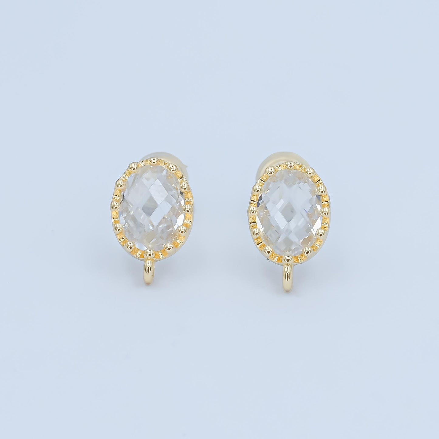 Gold Cz earrings stud Oval post with loop for jewelry making supplies 7.5 mm ear stud bulk Earring Supply for Jewelry Making Z-1114