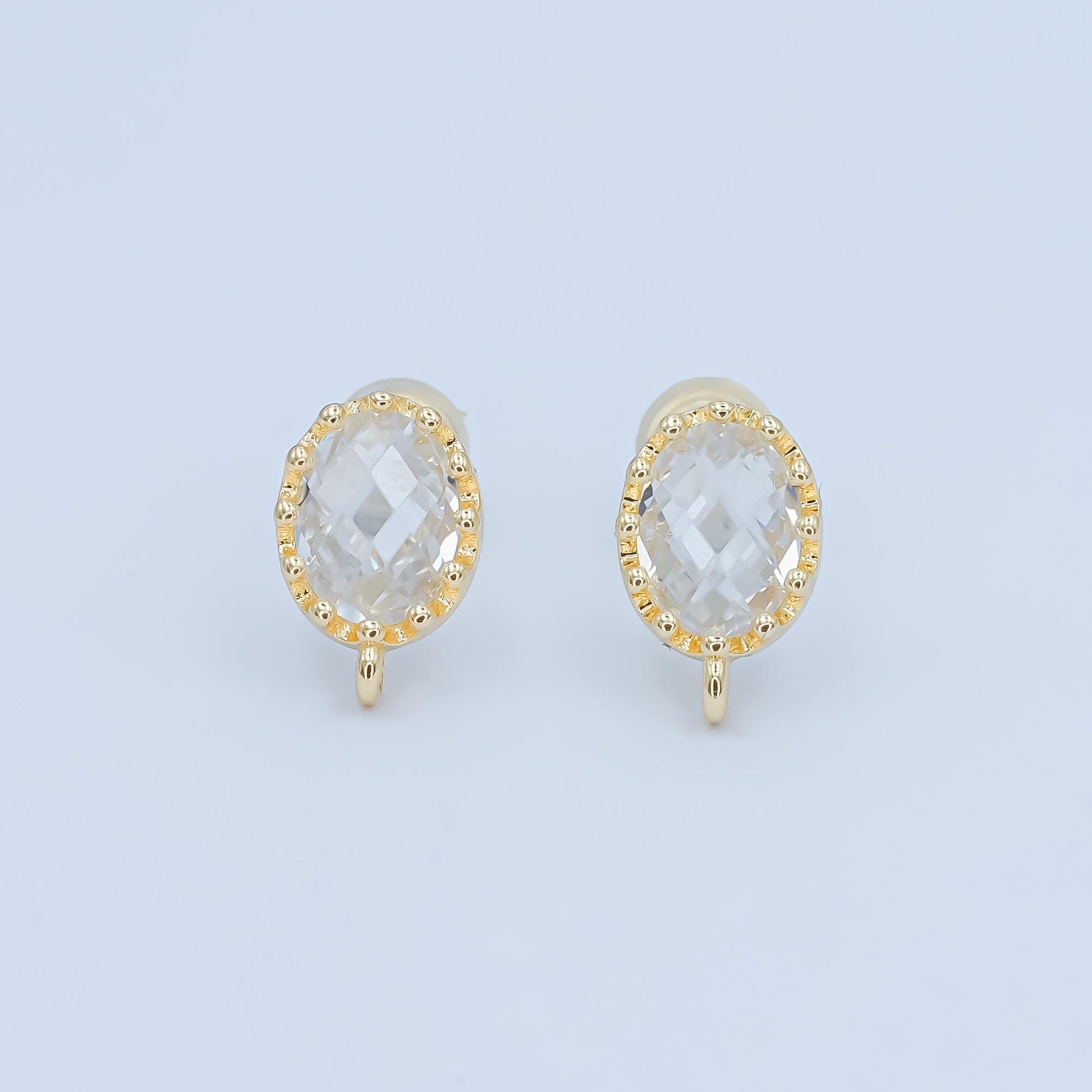 Gold Cz earrings stud Oval post with loop for jewelry making supplies 7.5 mm ear stud bulk Earring Supply for Jewelry Making Z-1114