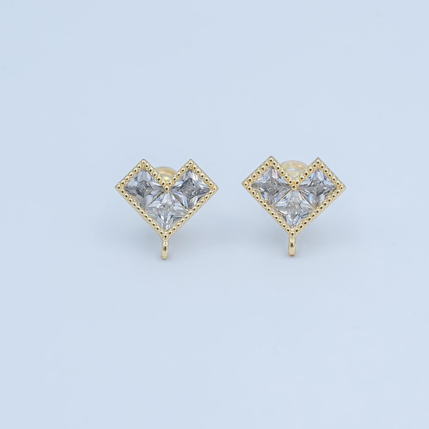 Gold Heart earrings stud CZ Diamond Heart post with loop for jewelry making supplies 13 mm ear stud bulk Earring Supply Z-1115