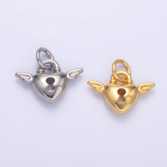 Mini Gold Padlock heart charms 24k gold filled Wing heart pendant Couple charm bracelet necklace for diy jewelry making supply N-070