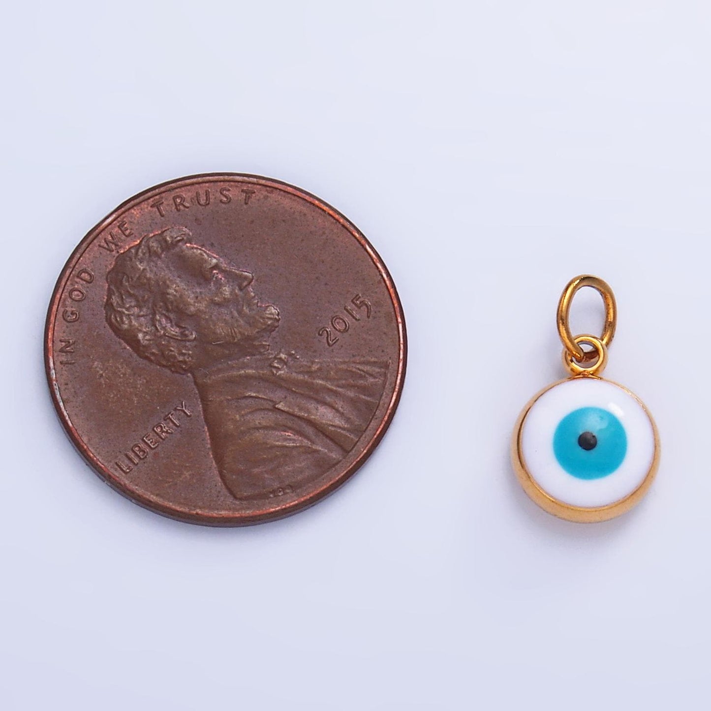 PVD Gold Plate Stainless Steel white, blue evil eye enamel 8mm Heartcharm | P727