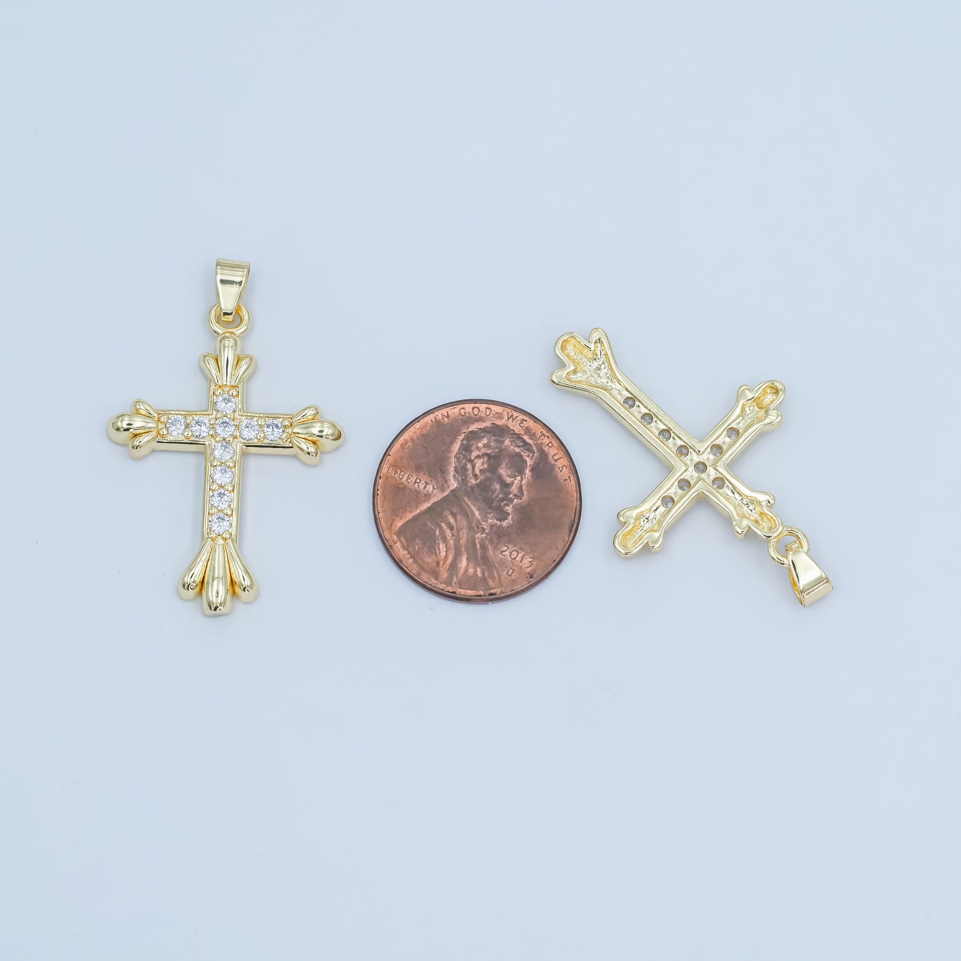 24K Gold Filled CZ Cross Pendant – Fleur-De-Lis Christian Charm with Sparkling Cubic Zirconia, Religious Statement Jewelry AA-1504