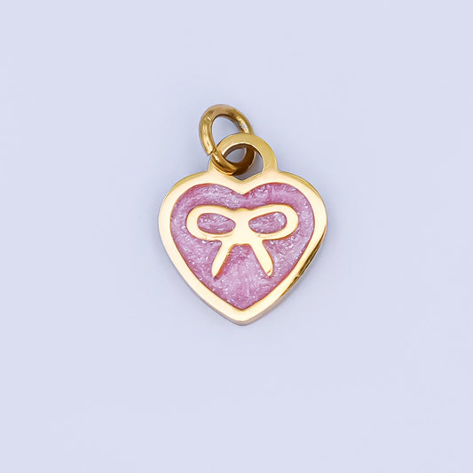 Dainty gold Pink enamel heart charm stainless steel Bow pendant for necklace bracelet earring component P-1208