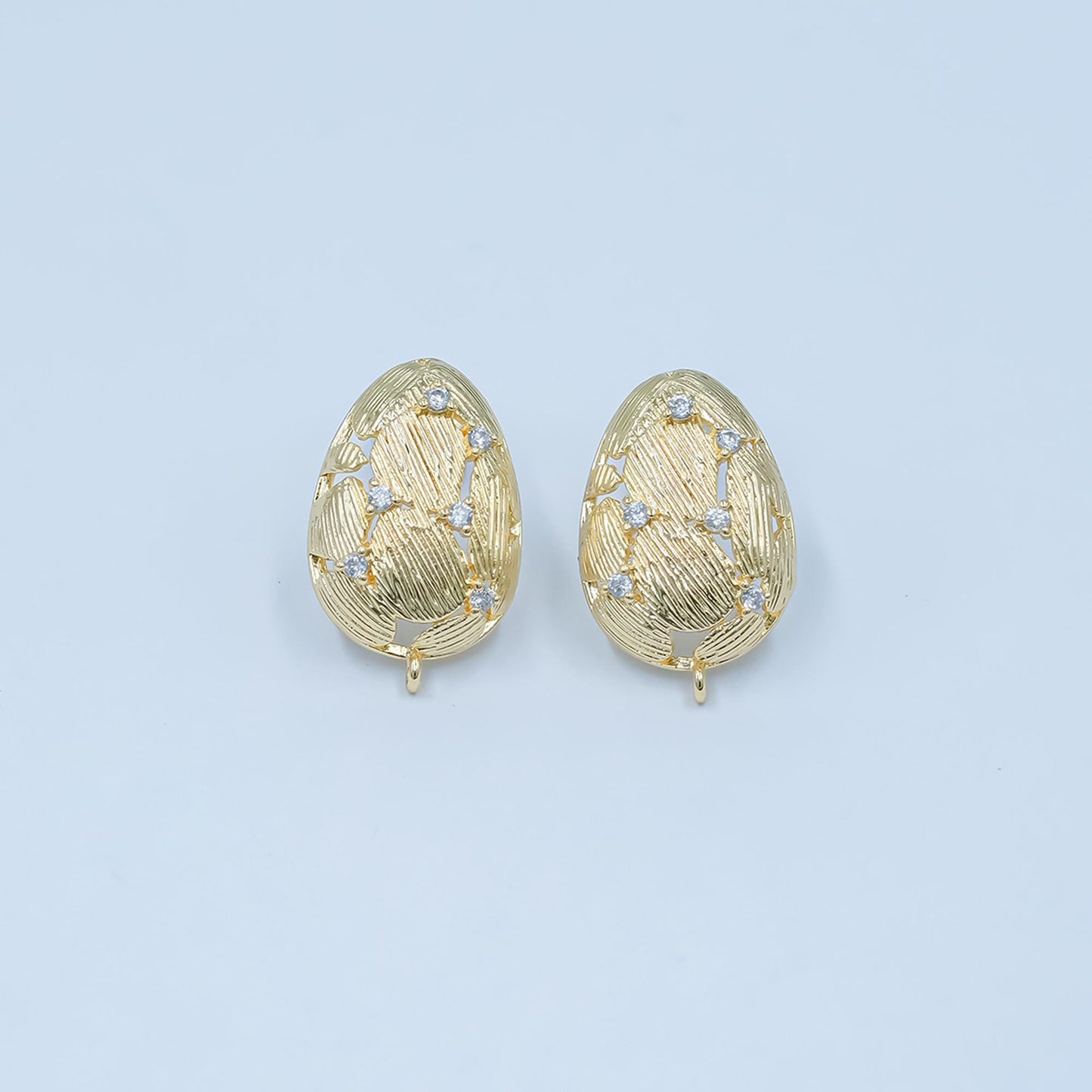 Textured Oval Gold Earring Post with Cubic Zirconia Accents 24K Gold Filled Teardrop Jewelry Finding for DIY Earrings Supply Z-1129