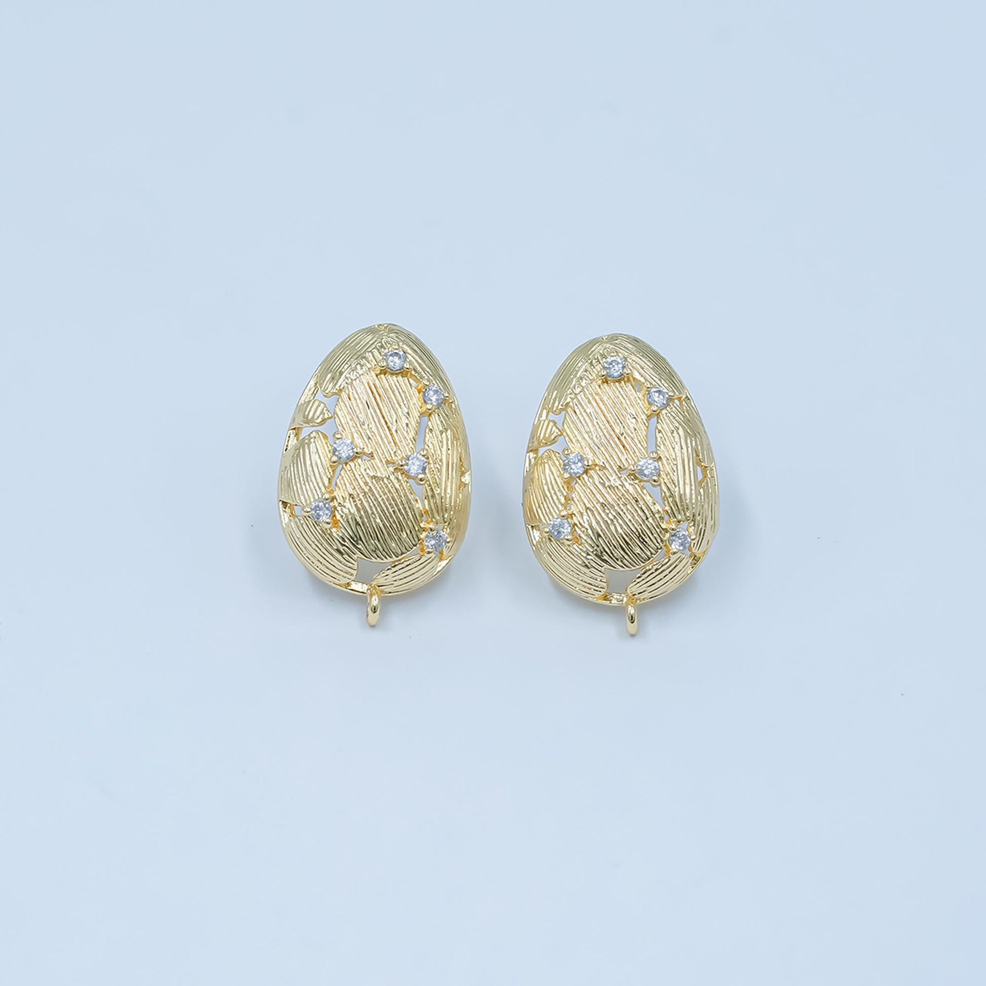 Textured Oval Gold Earring Post with Cubic Zirconia Accents 24K Gold Filled Teardrop Jewelry Finding for DIY Earrings Supply Z-1129