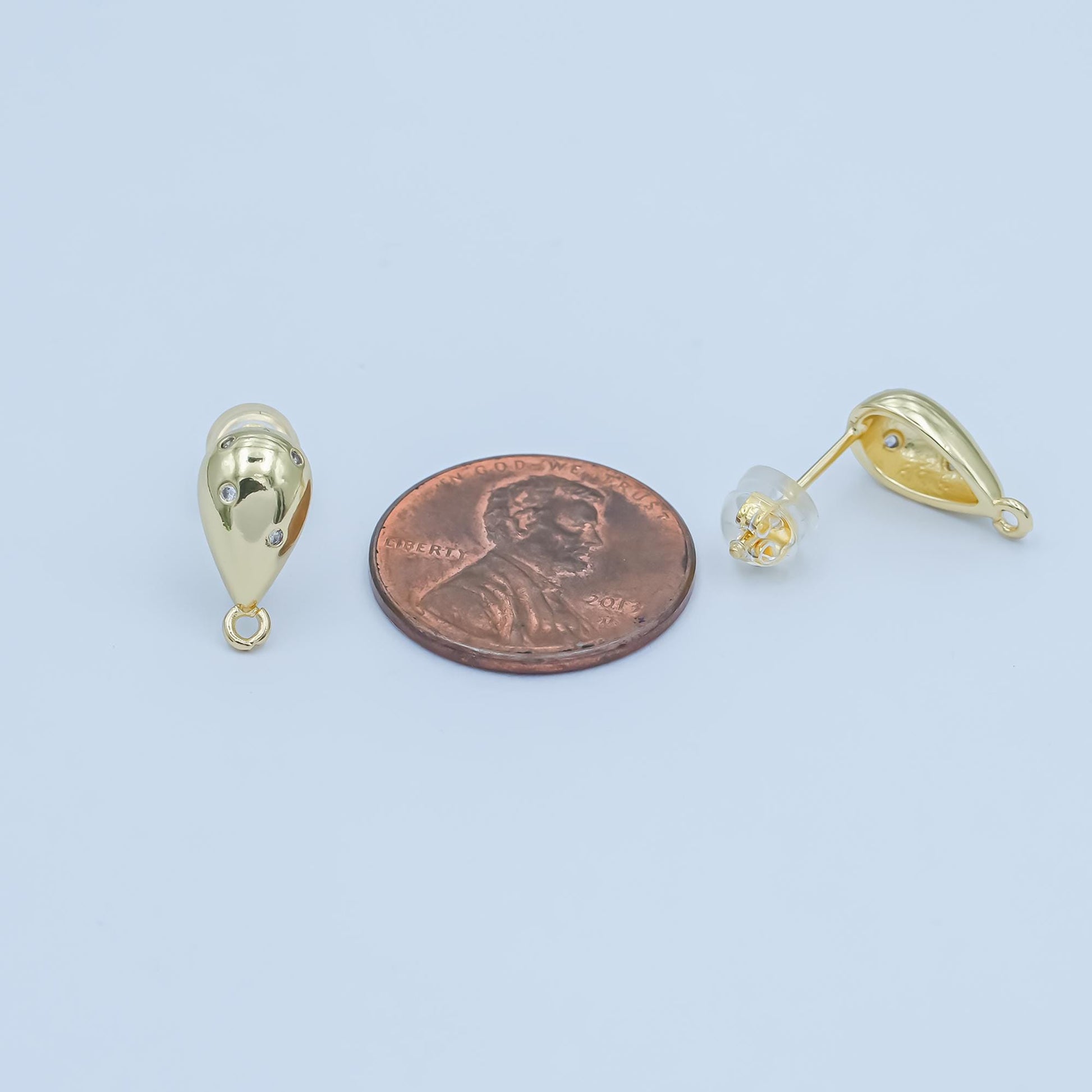 Gold Teardrop Stud Earring Posts with CZ Accents, 24K Gold Filled Earring Post for DIY Jewelry Making Supplies Z-1130