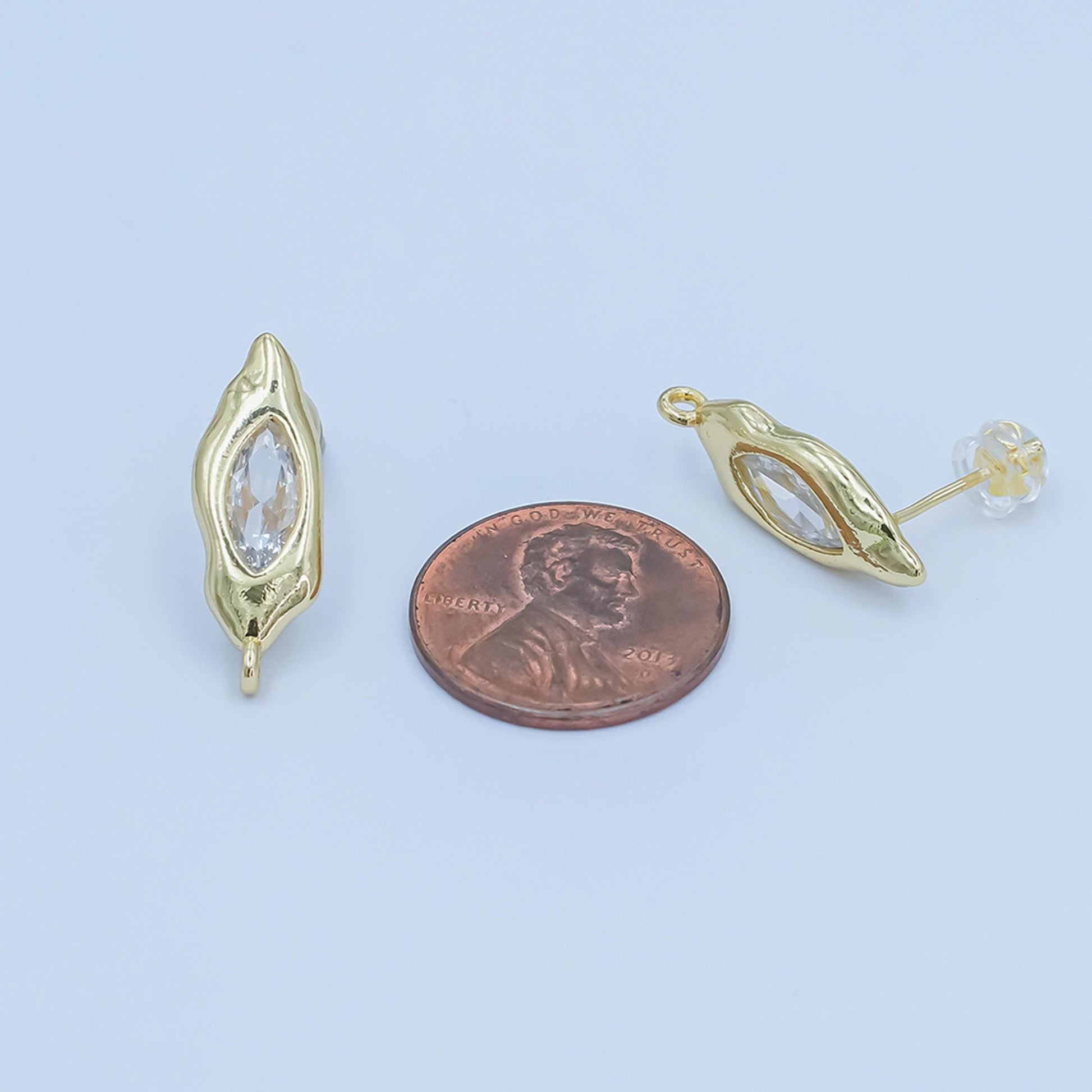 24K Gold Filled Abstract Oval Earring Posts with Clear Cz Stone Molten Eye Studs for DIY Jewelry Making Z-1134