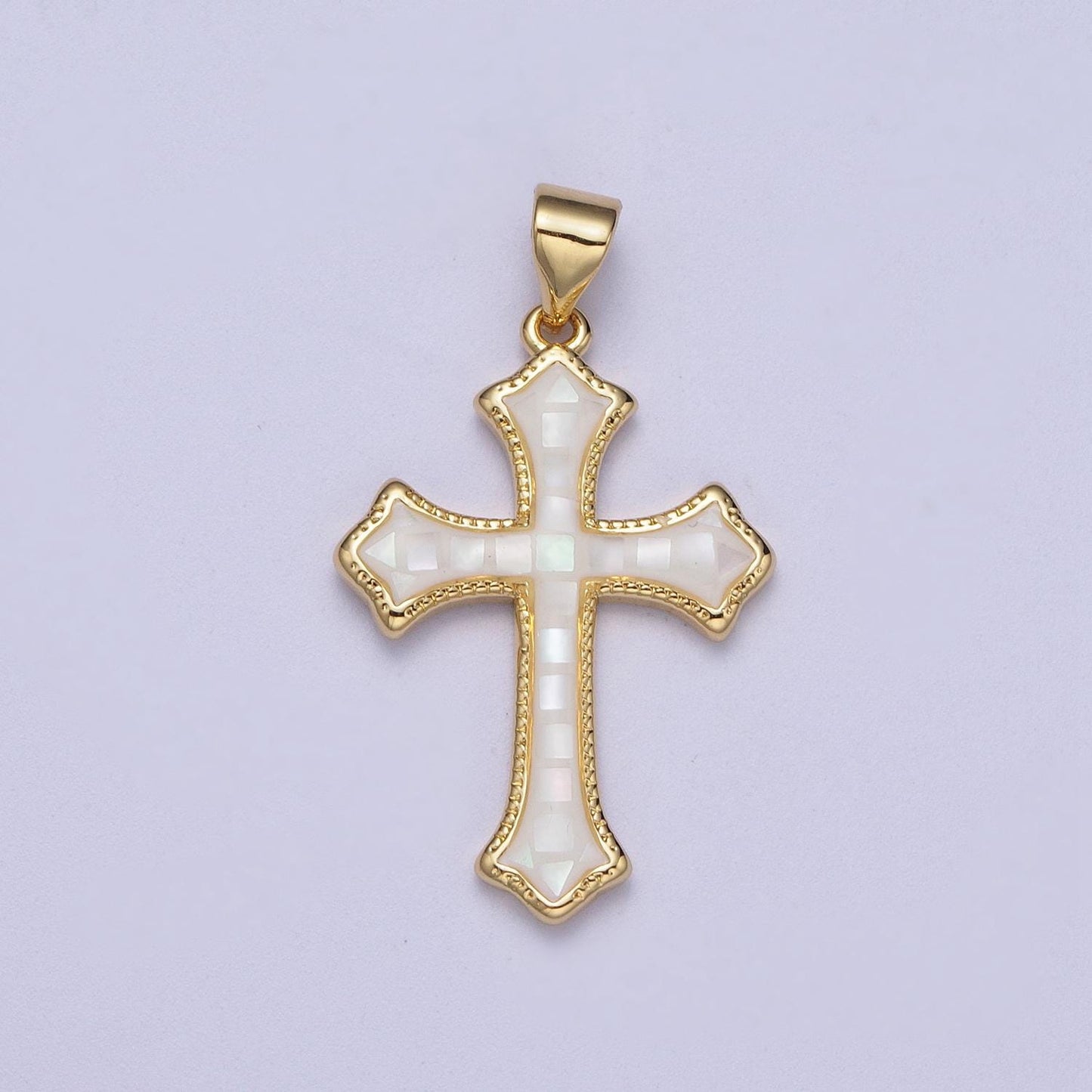 White, Pink, Blue Shell Opal Religious Passion Cross Gold Pendant H-395 H-416 H-433