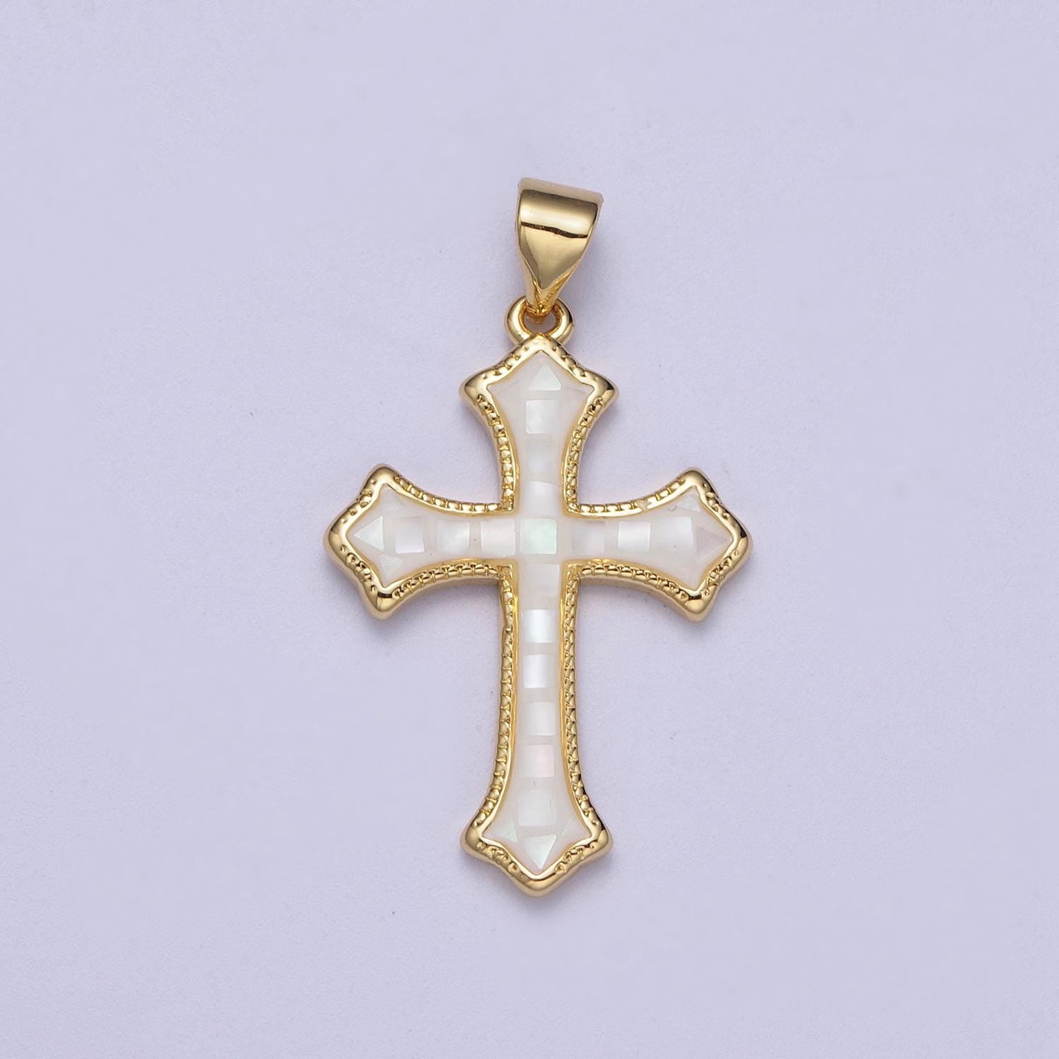 White, Pink, Blue Shell Opal Religious Passion Cross Gold Pendant H-395 H-416 H-433