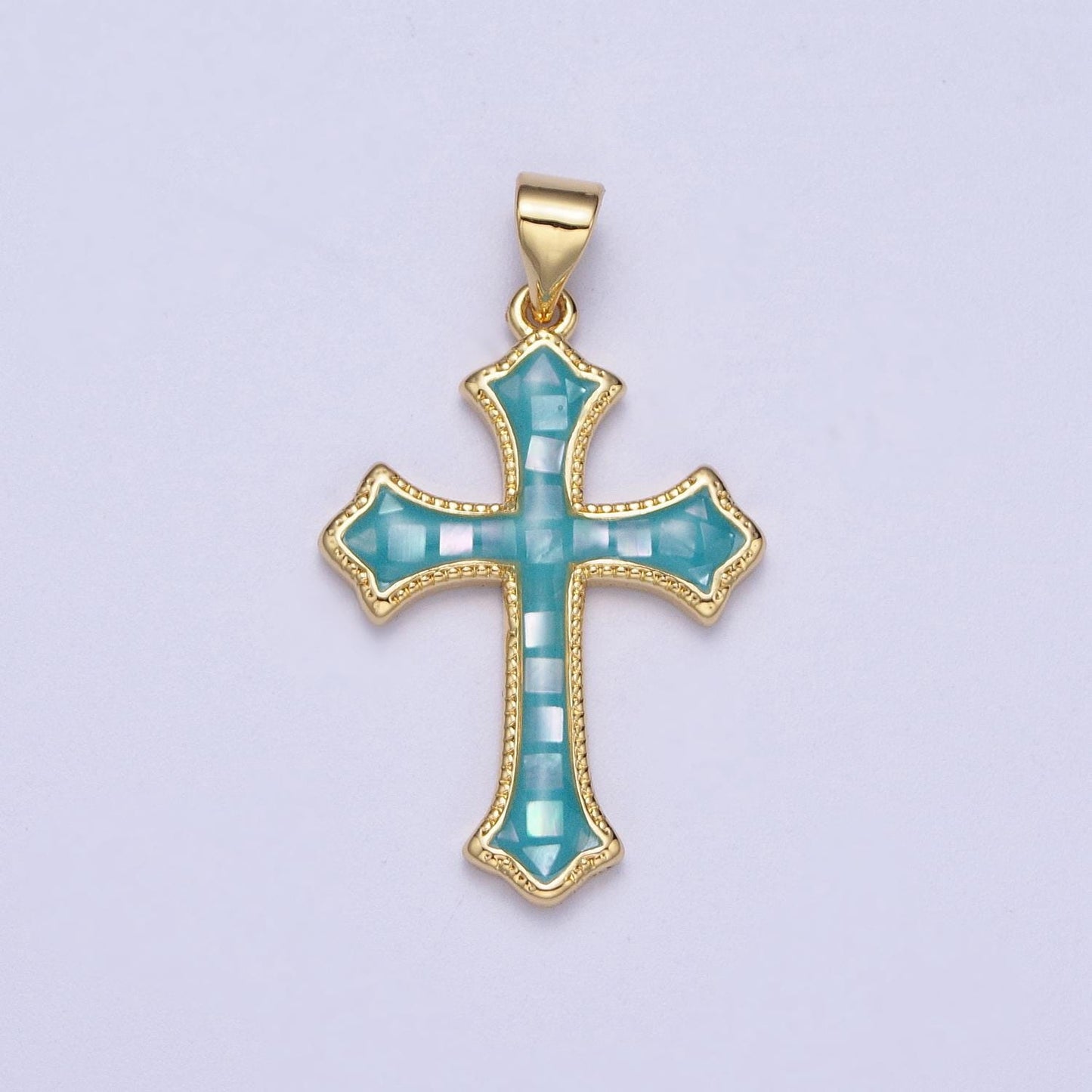 White, Pink, Blue Shell Opal Religious Passion Cross Gold Pendant H-395 H-416 H-433