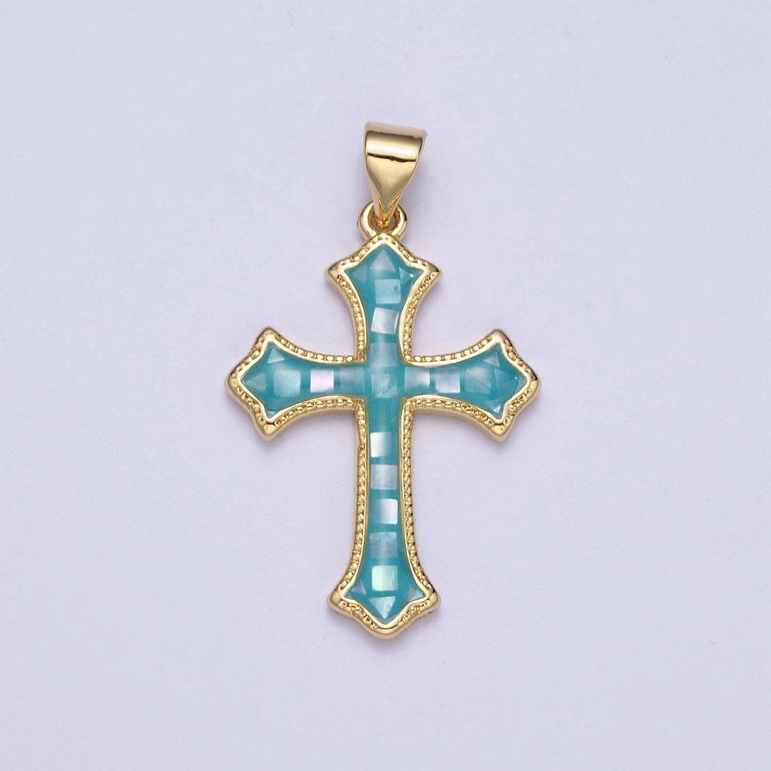 White, Pink, Blue Shell Opal Religious Passion Cross Gold Pendant H-395 H-416 H-433