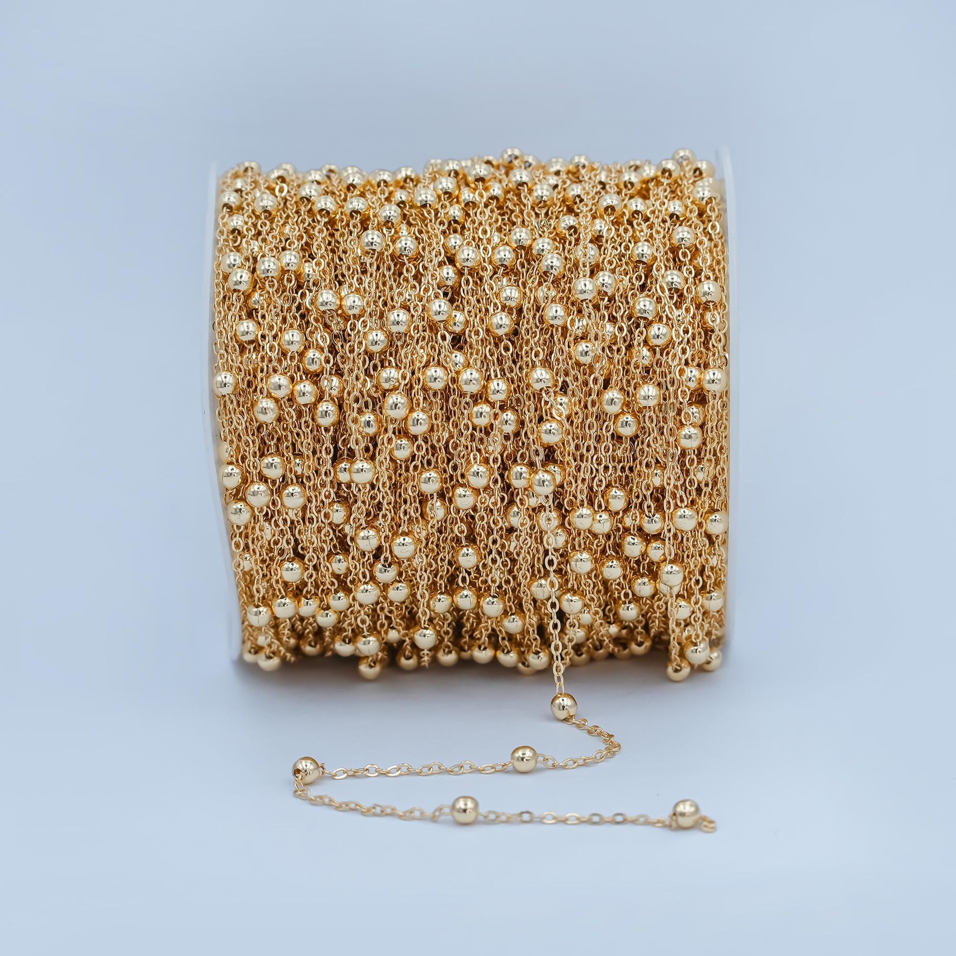 16K Gold Rollo Round Beads Chain by Yard, Gold beads Specialty Link Chain by Foot, Bead diameter 3.5mm Chain 0.3mm Thick, 298