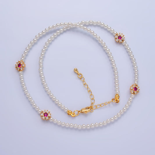 Handcrafted White Shell Pearl Necklace with CZ Flower 16.7 inch + 2 inch extender for Layering minimalist Jewelry Making Supply WA3070