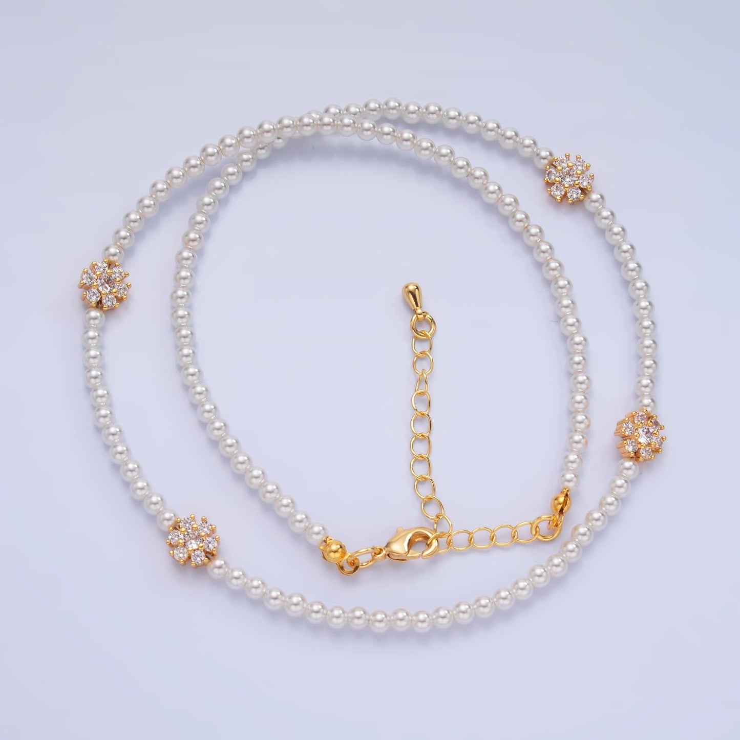 Handcrafted White Shell Pearl Necklace with CZ Flower 16.7 inch + 2 inch extender for Layering minimalist Jewelry Making Supply WA3070