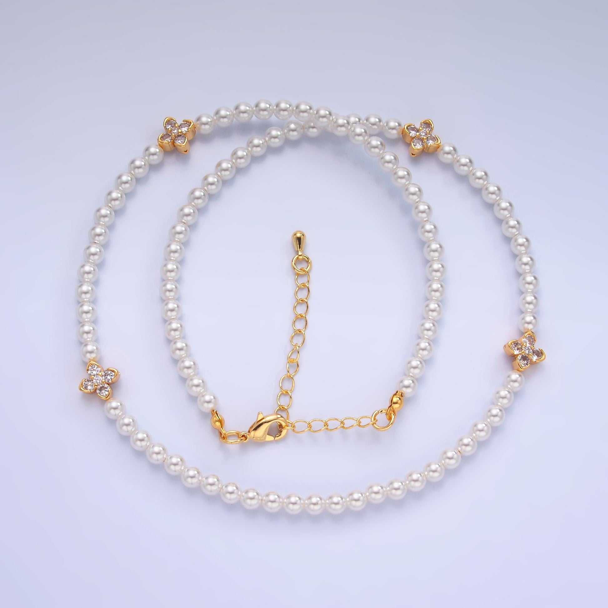 Handmade White Shell Pearl Necklace with CZ Flower 16.7 inch + 2 inch extender for Layering minimalist Jewelry Making Supply WA3072