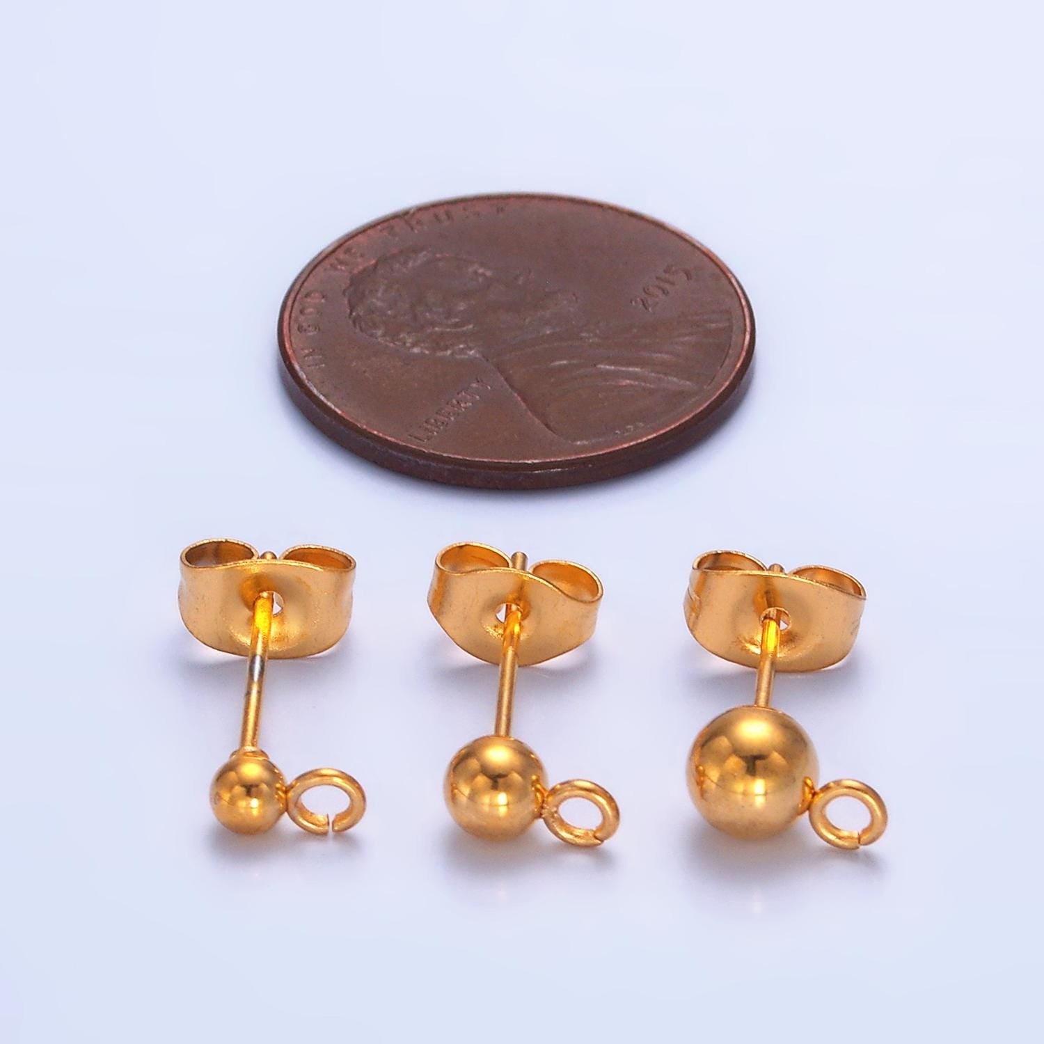 PVD Gold earrings stud ball post with loop for jewelry making supplies 3 mm,4 mm and 5 mm ear stud bulk