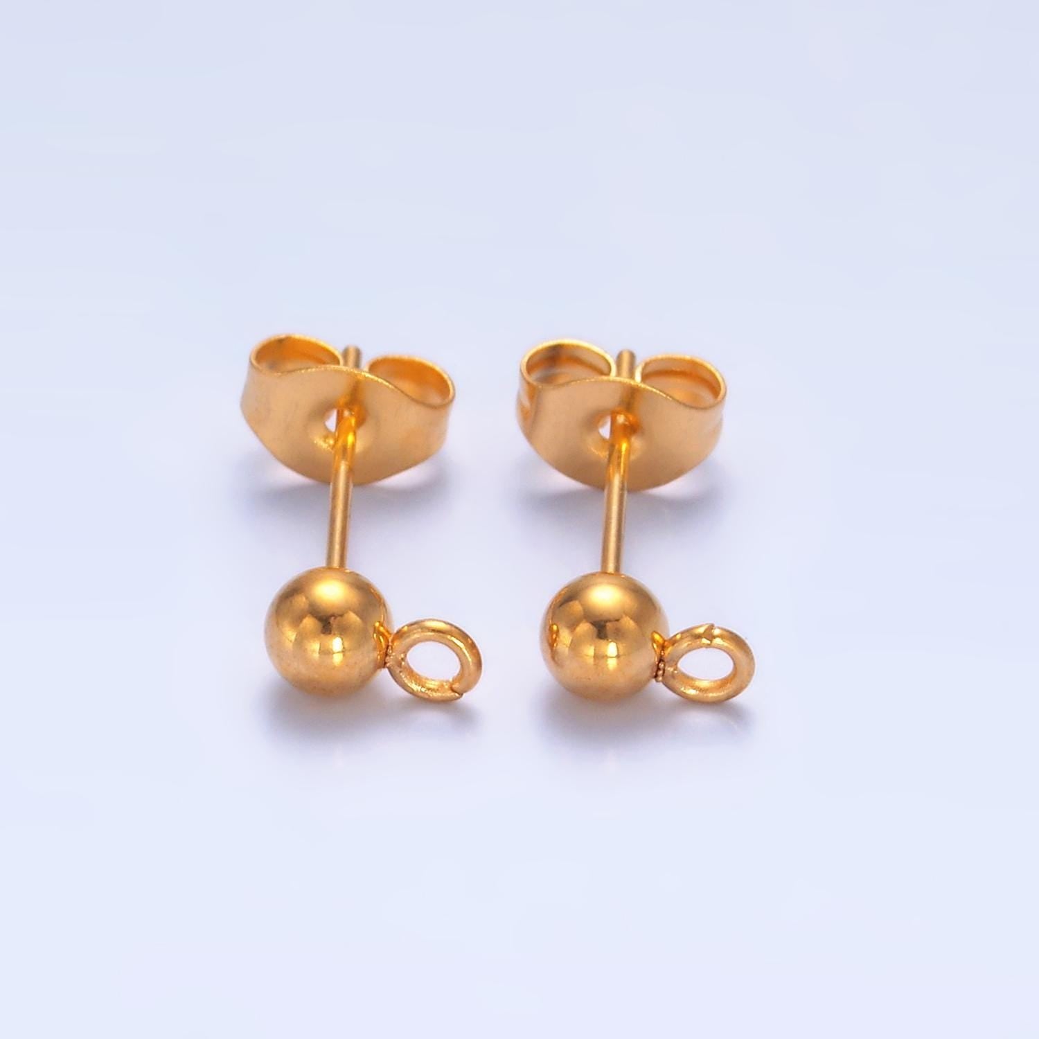 PVD Gold earrings stud ball post with loop for jewelry making supplies 3 mm,4 mm and 5 mm ear stud bulk