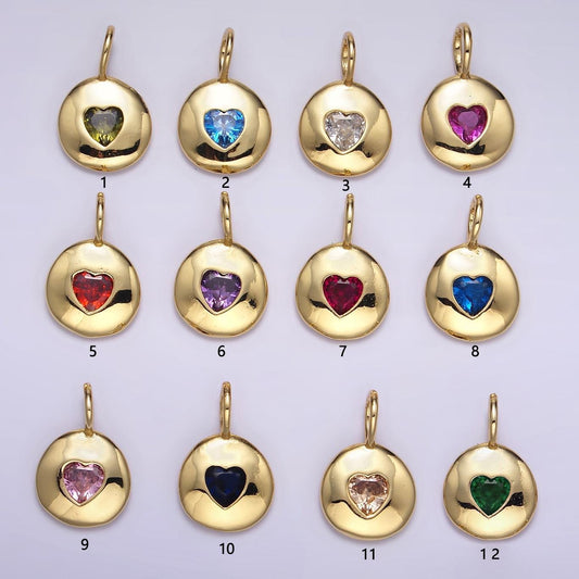 24K Gold Filled Heart CZ Birthstone Pendant Add on Charm Dainty Colorful Cubic Zirconia Stone for Necklace Bracelet Supply | AA049