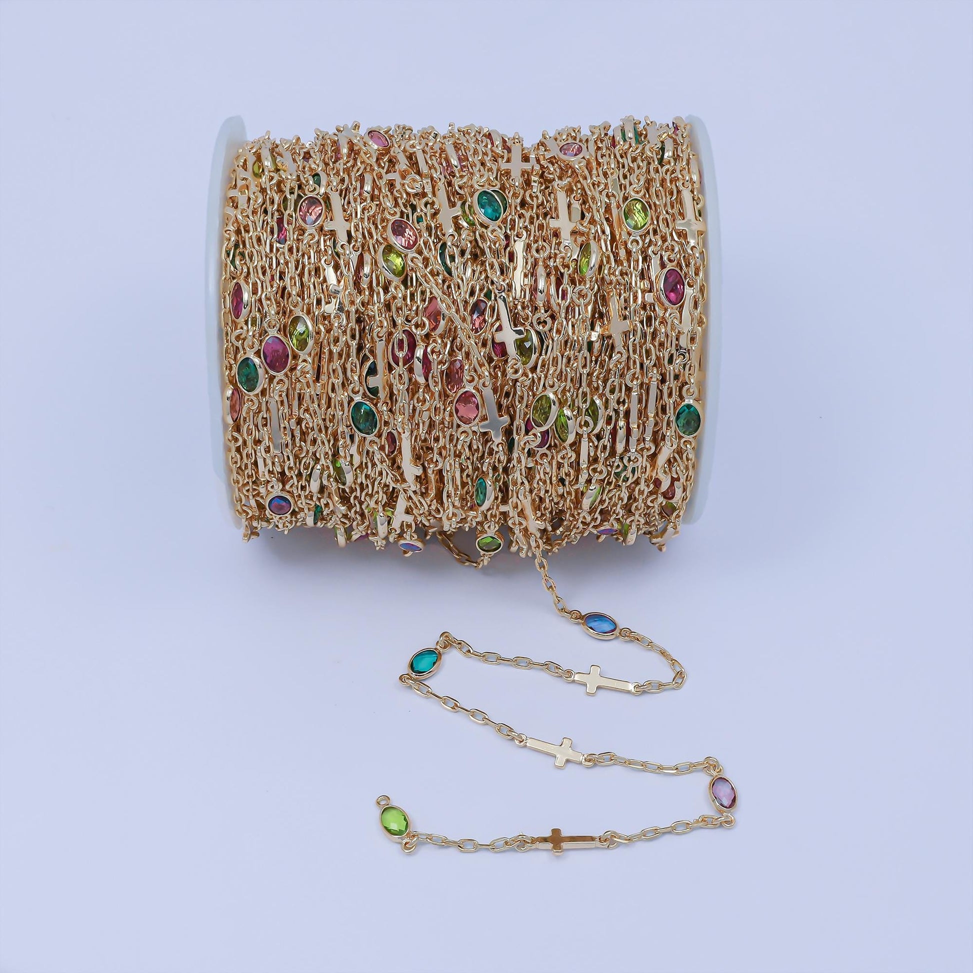 14K Gold Filled Paperclip Chain by yard w/ Crosses and Stone Bezel Link 1.9mm | Roll-1455