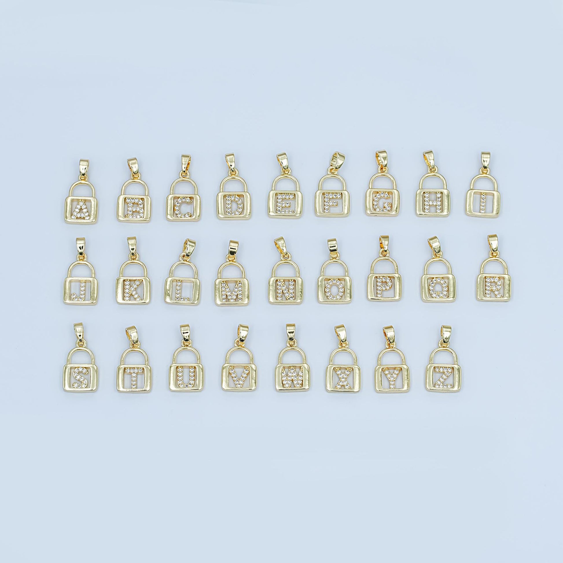 Dainty 24K Gold Filled Micro Pave Initial Letter Padlock Pendant Alphabet Charm for Personalized Jewelry Making Supply | A001 - A013