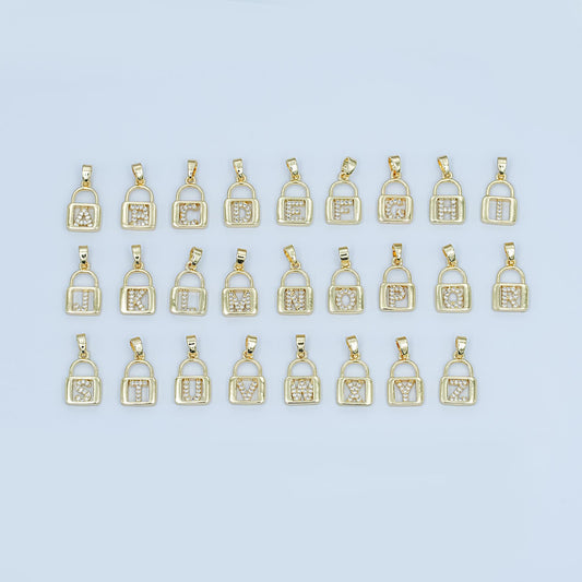 Dainty 24K Gold Filled Micro Pave Initial Letter Padlock Pendant Alphabet Charm for Personalized Jewelry Making Supply | A001 - A013