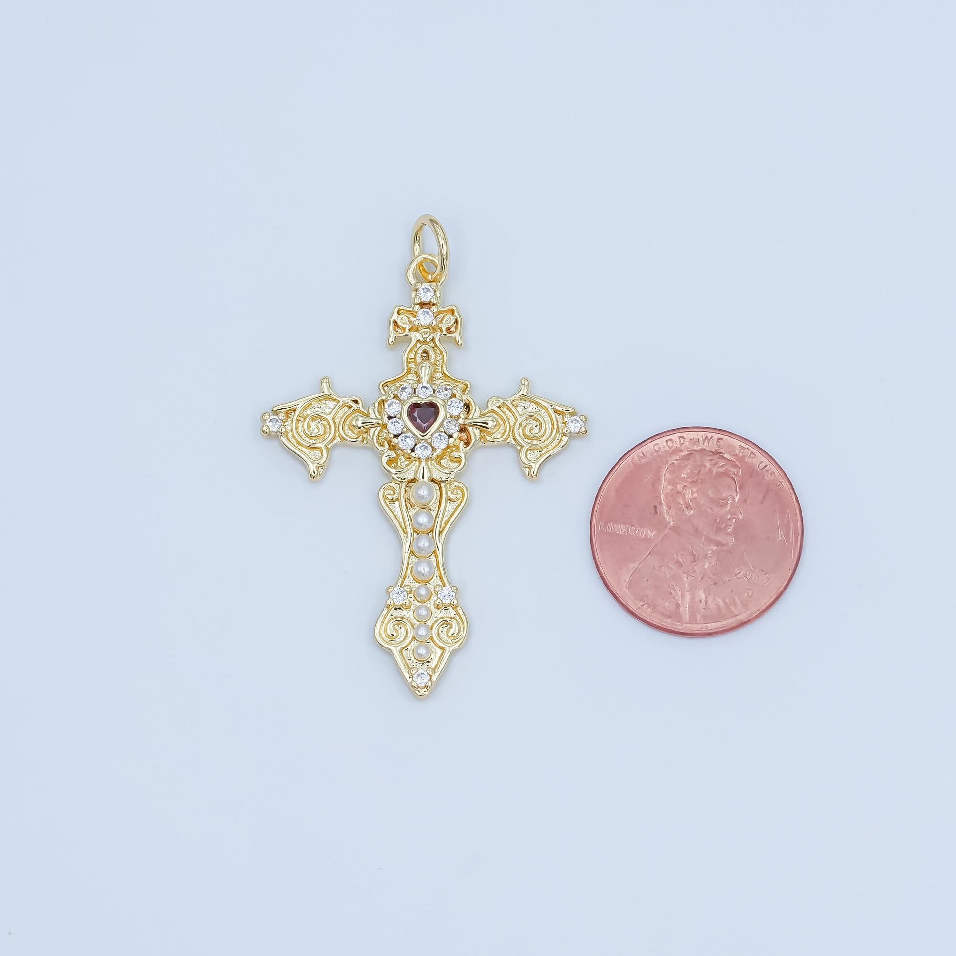 Dainty Gold Cross Charms 24K Gold Filled Micro Paved Clear Red Heart CZ Religious Cross Pearl Pendant | N-032
