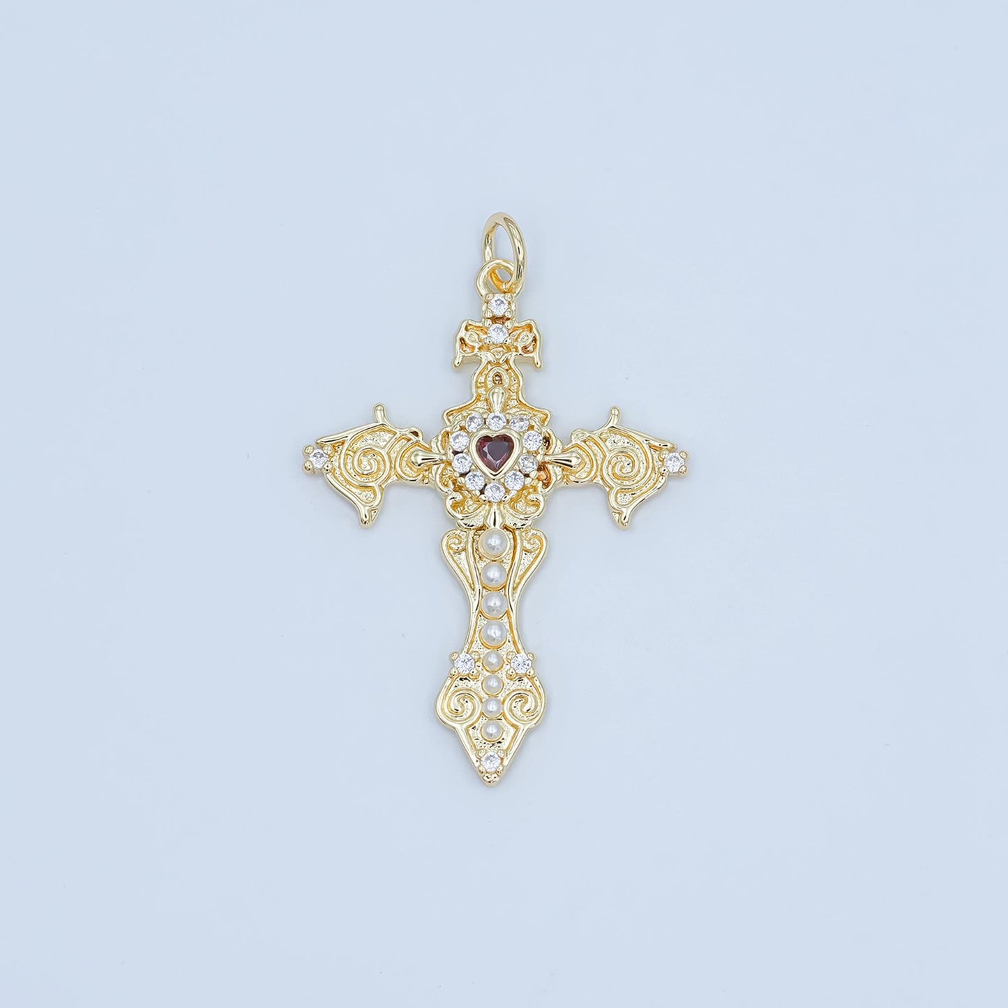 Dainty Gold Cross Charms 24K Gold Filled Micro Paved Clear Red Heart CZ Religious Cross Pearl Pendant | N-032