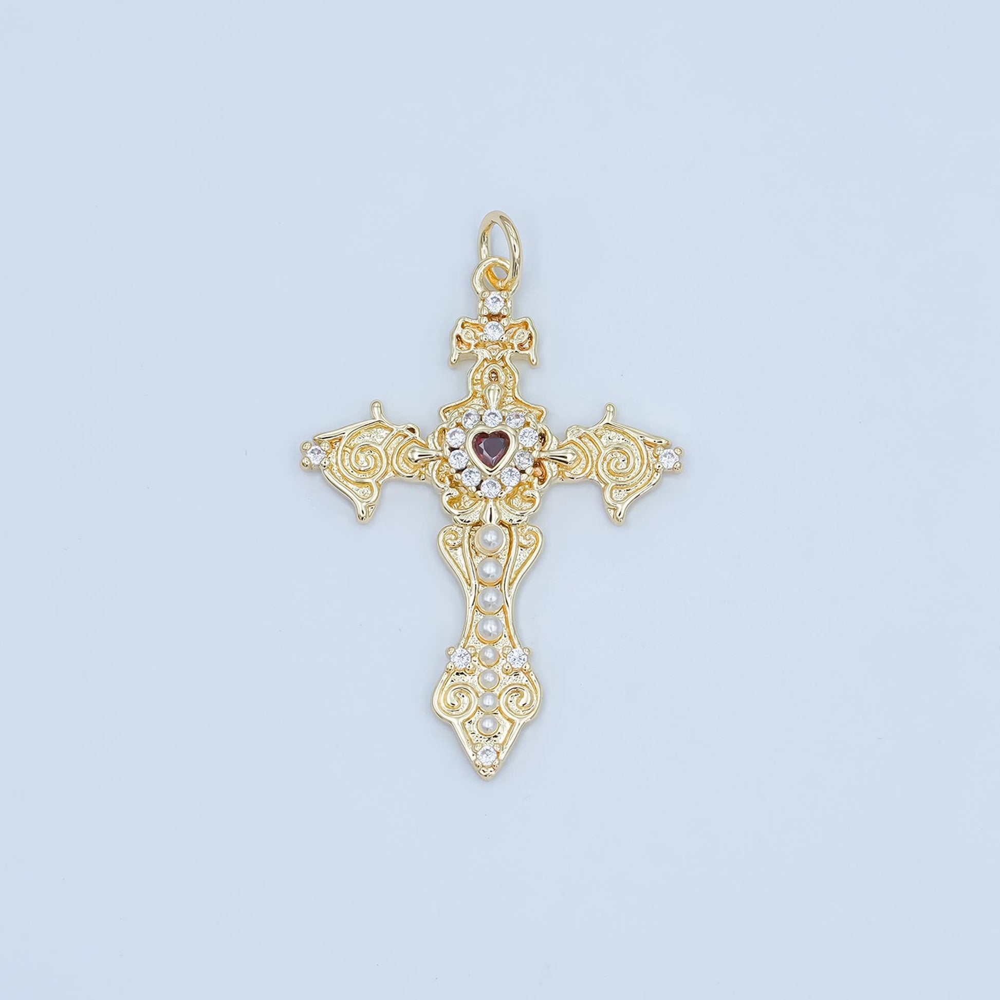 Dainty Gold Cross Charms 24K Gold Filled Micro Paved Clear Red Heart CZ Religious Cross Pearl Pendant | N-032