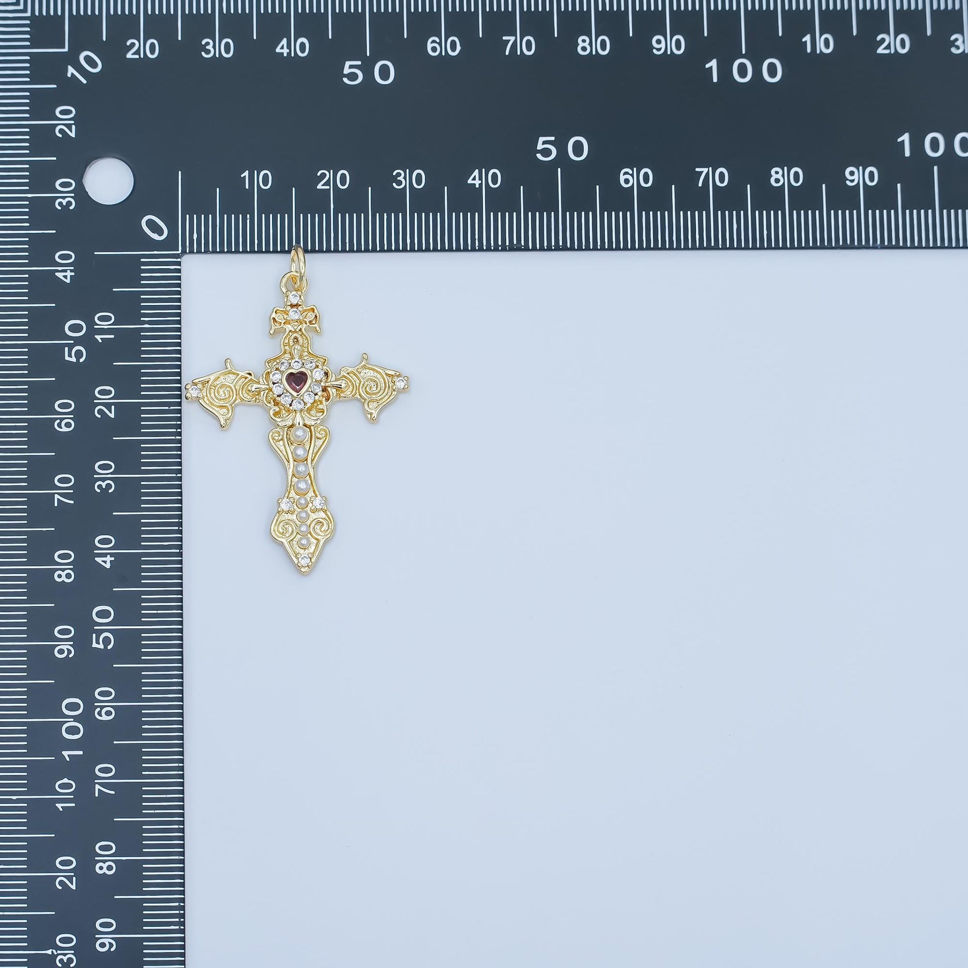 Dainty Gold Cross Charms 24K Gold Filled Micro Paved Clear Red Heart CZ Religious Cross Pearl Pendant | N-032