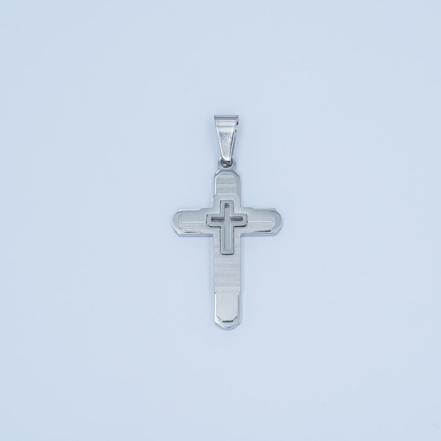 PVD Gold Cross Pendant Necklace Layered Textured Design Religious Jewelry for Men & Women Catholic Christian Gift Baptism Charm P-1048