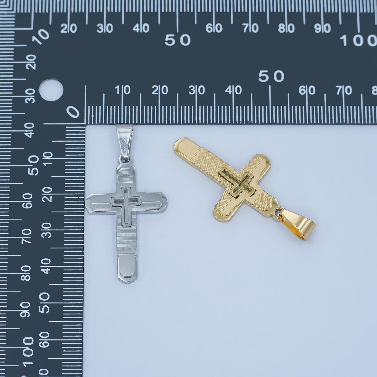 PVD Gold Cross Pendant Necklace Layered Textured Design Religious Jewelry for Men & Women Catholic Christian Gift Baptism Charm P-1048