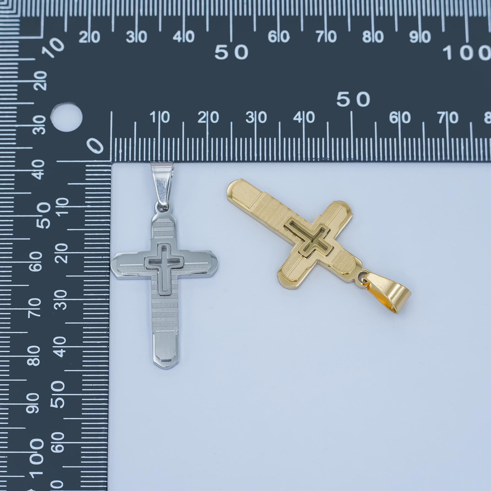 PVD Gold Cross Pendant Necklace Layered Textured Design Religious Jewelry for Men & Women Catholic Christian Gift Baptism Charm P-1048