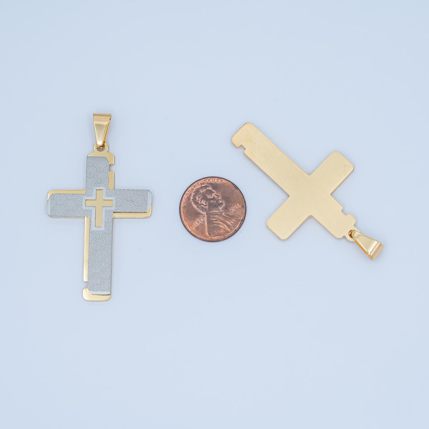 Two-Tone Gold & Silver Cross Pendant Necklace Layered Textured Design Religious Jewelry for Men Women Catholic Christian Charm P-1049