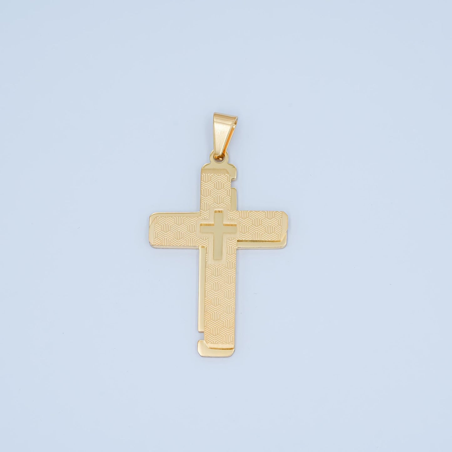 Two-Tone Gold & Silver Cross Pendant Necklace Layered Textured Design Religious Jewelry for Men Women Catholic Christian Charm P-1049