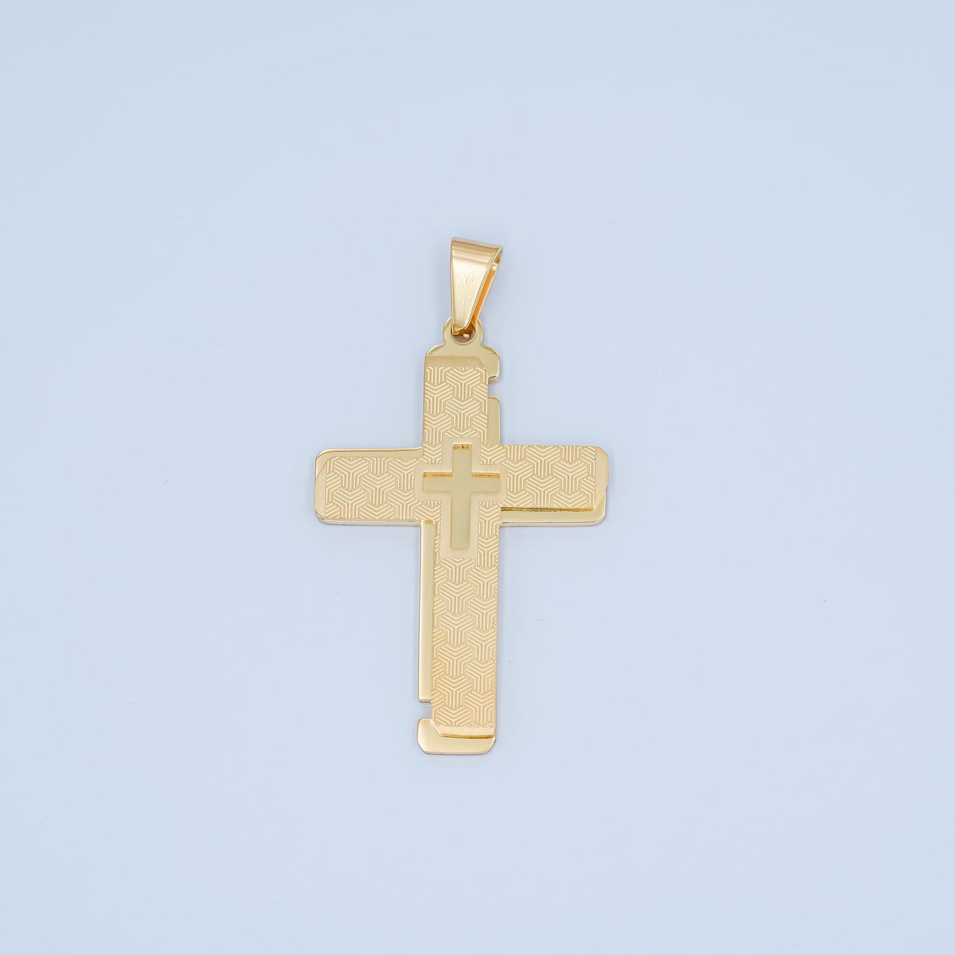 Two-Tone Gold & Silver Cross Pendant Necklace Layered Textured Design Religious Jewelry for Men Women Catholic Christian Charm P-1049