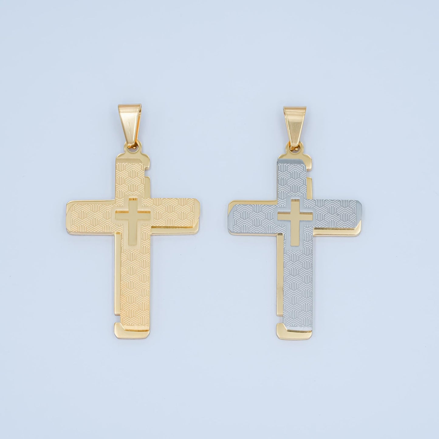 Two-Tone Gold & Silver Cross Pendant Necklace Layered Textured Design Religious Jewelry for Men Women Catholic Christian Charm P-1049