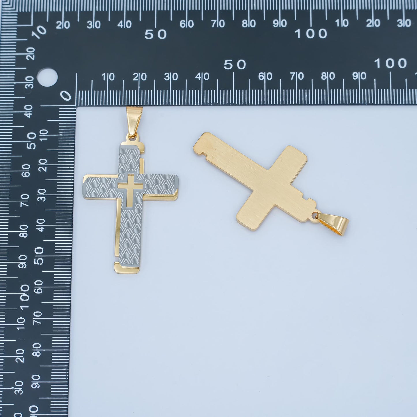 Two-Tone Gold & Silver Cross Pendant Necklace Layered Textured Design Religious Jewelry for Men Women Catholic Christian Charm P-1049