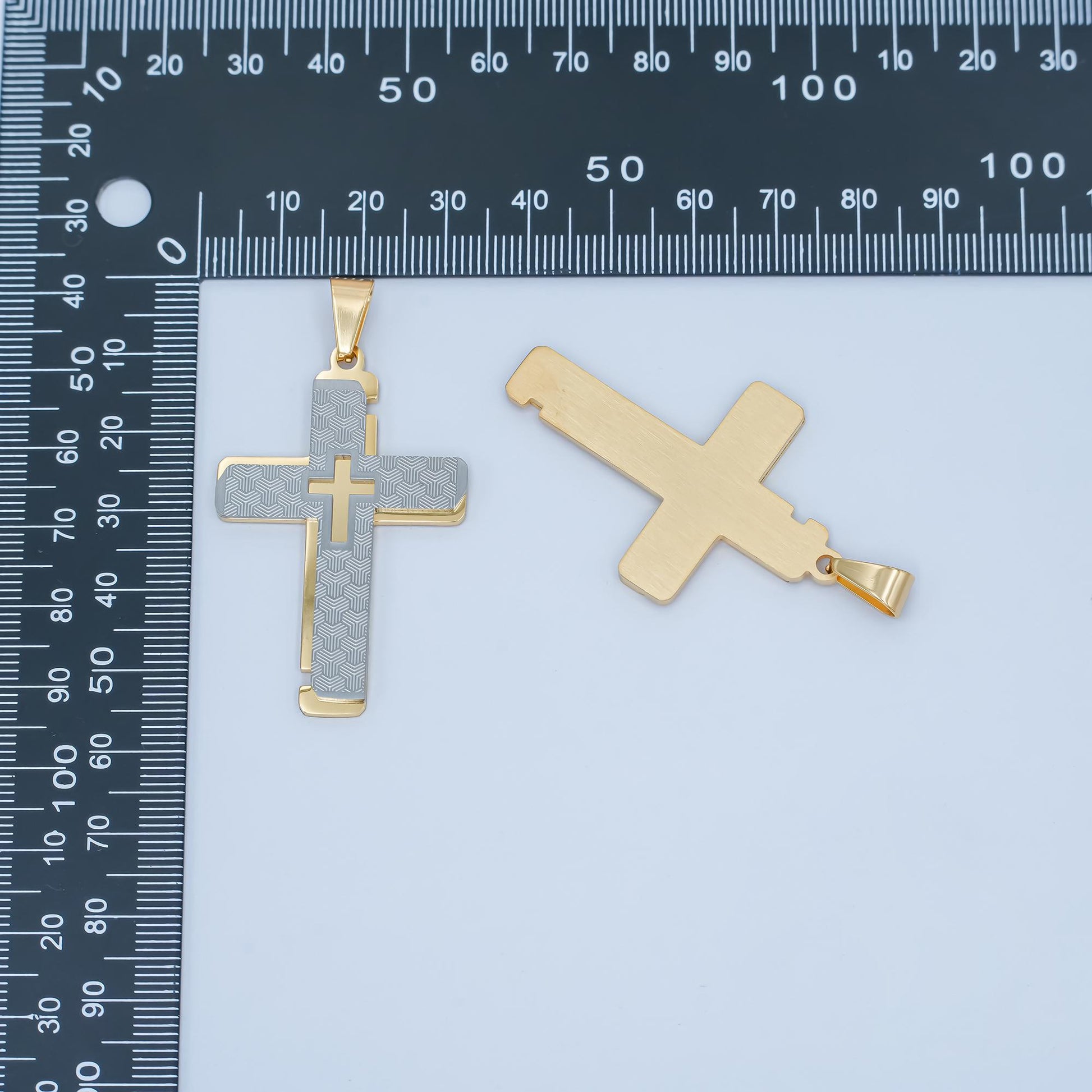 Two-Tone Gold & Silver Cross Pendant Necklace Layered Textured Design Religious Jewelry for Men Women Catholic Christian Charm P-1049