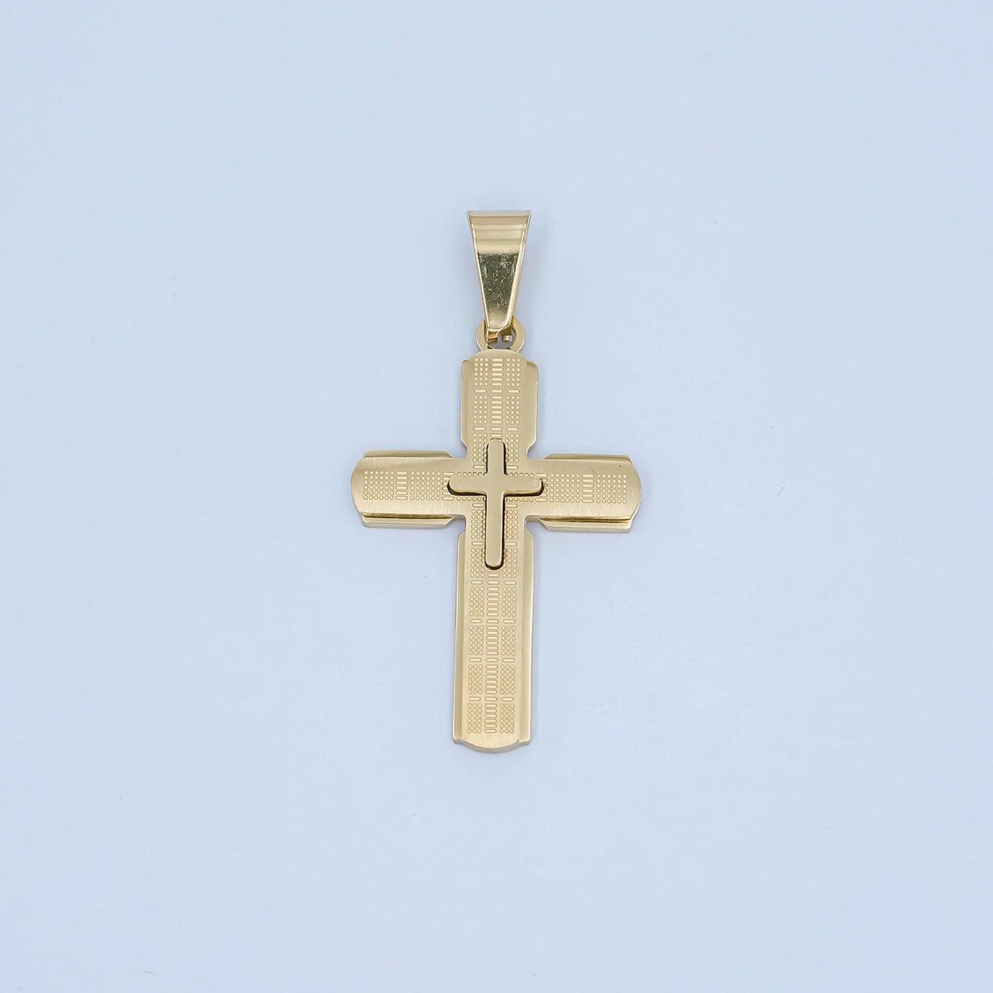 Stainless Steel Cross Pendant – Gold & Silver Options, Textured Layered Design, Christian Necklace for Men, Religious Faith Jewelry Supply