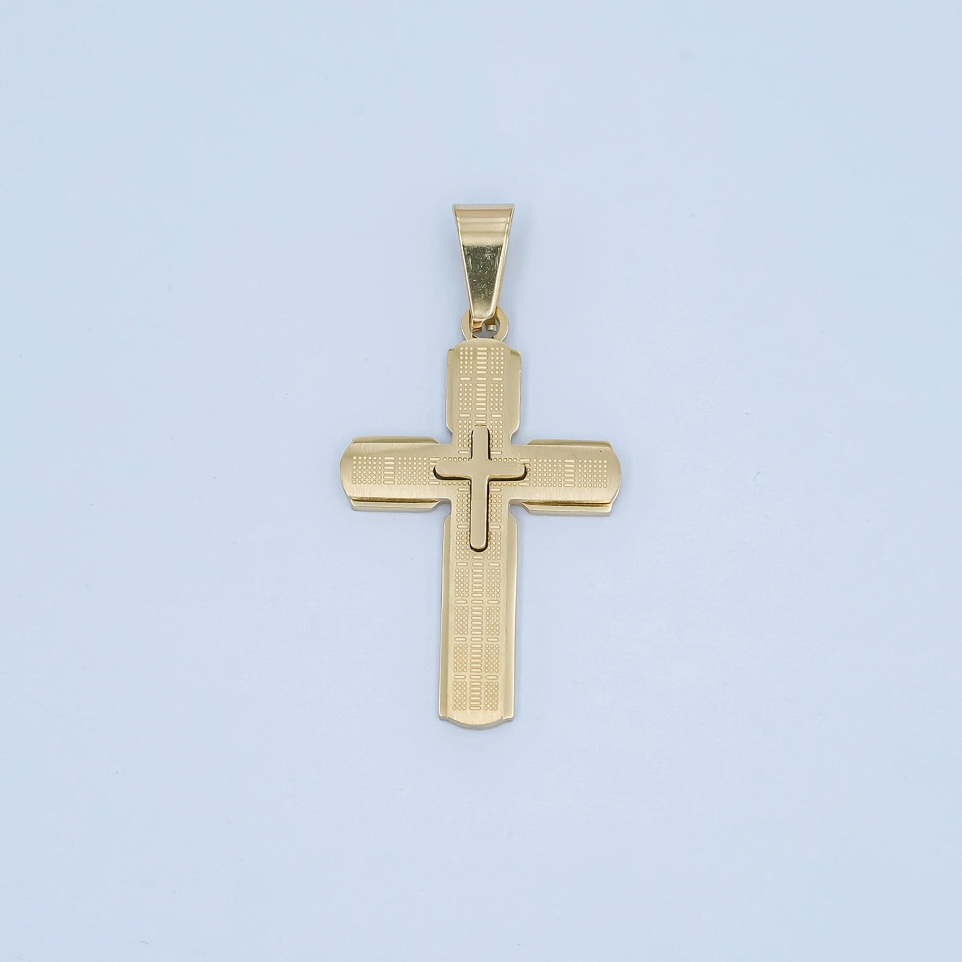 Stainless Steel Cross Pendant – Gold & Silver Options, Textured Layered Design, Christian Necklace for Men, Religious Faith Jewelry Supply