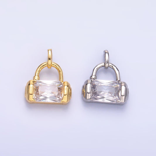 24K Gold Filled CZ Clear Padlock Bag Purse Fashion Charm in Gold & Silver | AA-1486