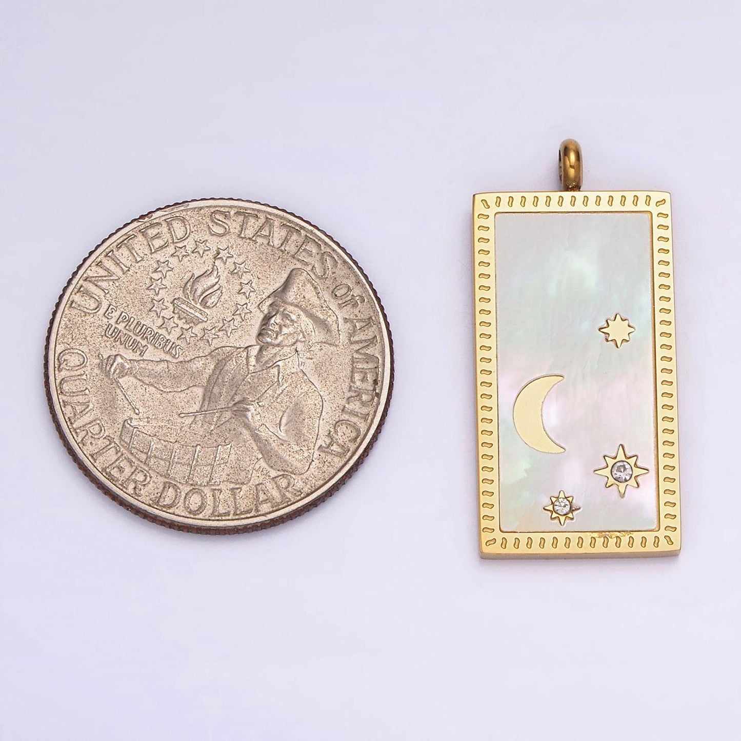 Pearl shell moon star rectangular minimalist cz charm pendant in gold & silver | p669 - p667