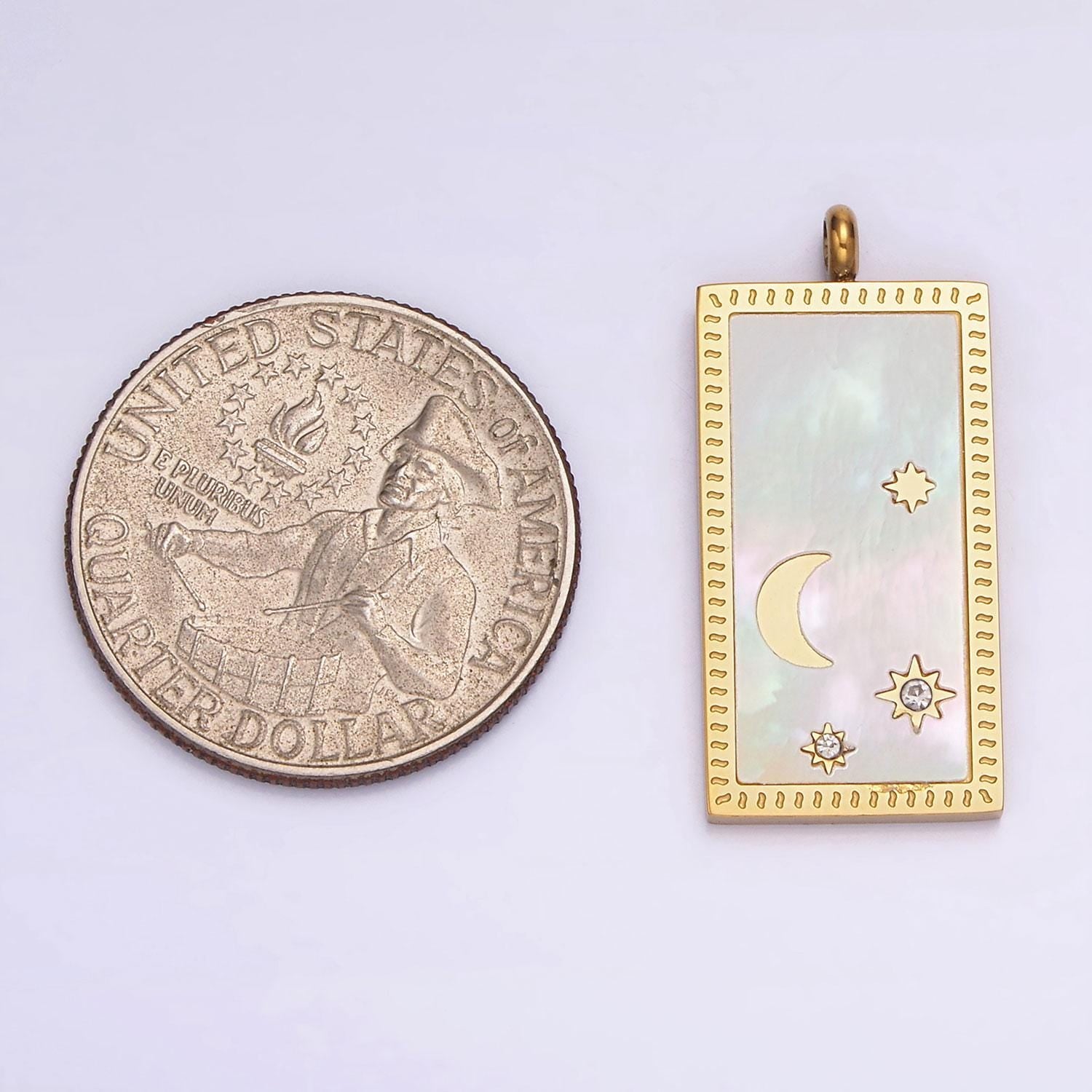 Pearl shell moon star rectangular minimalist cz charm pendant in gold & silver | p669 - p667