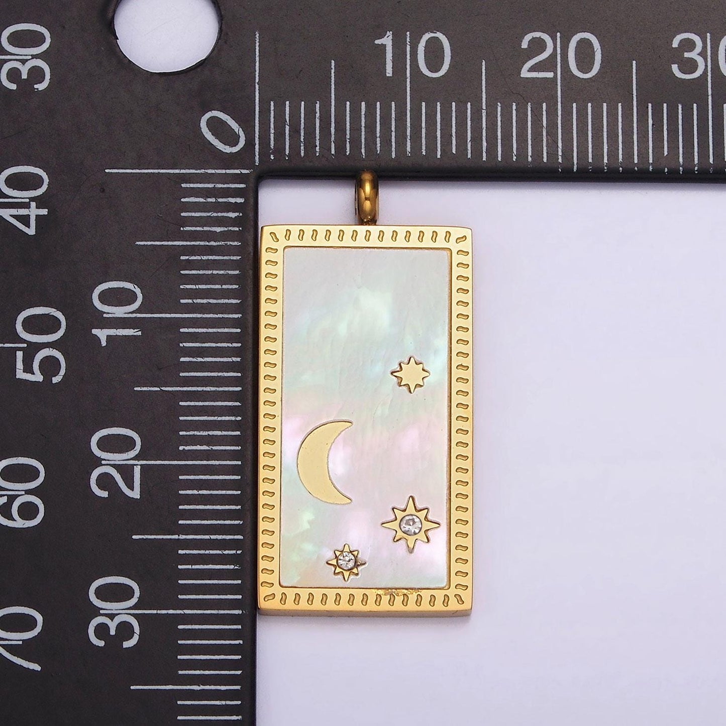 Pearl shell moon star rectangular minimalist cz charm pendant in gold & silver | p669 - p667