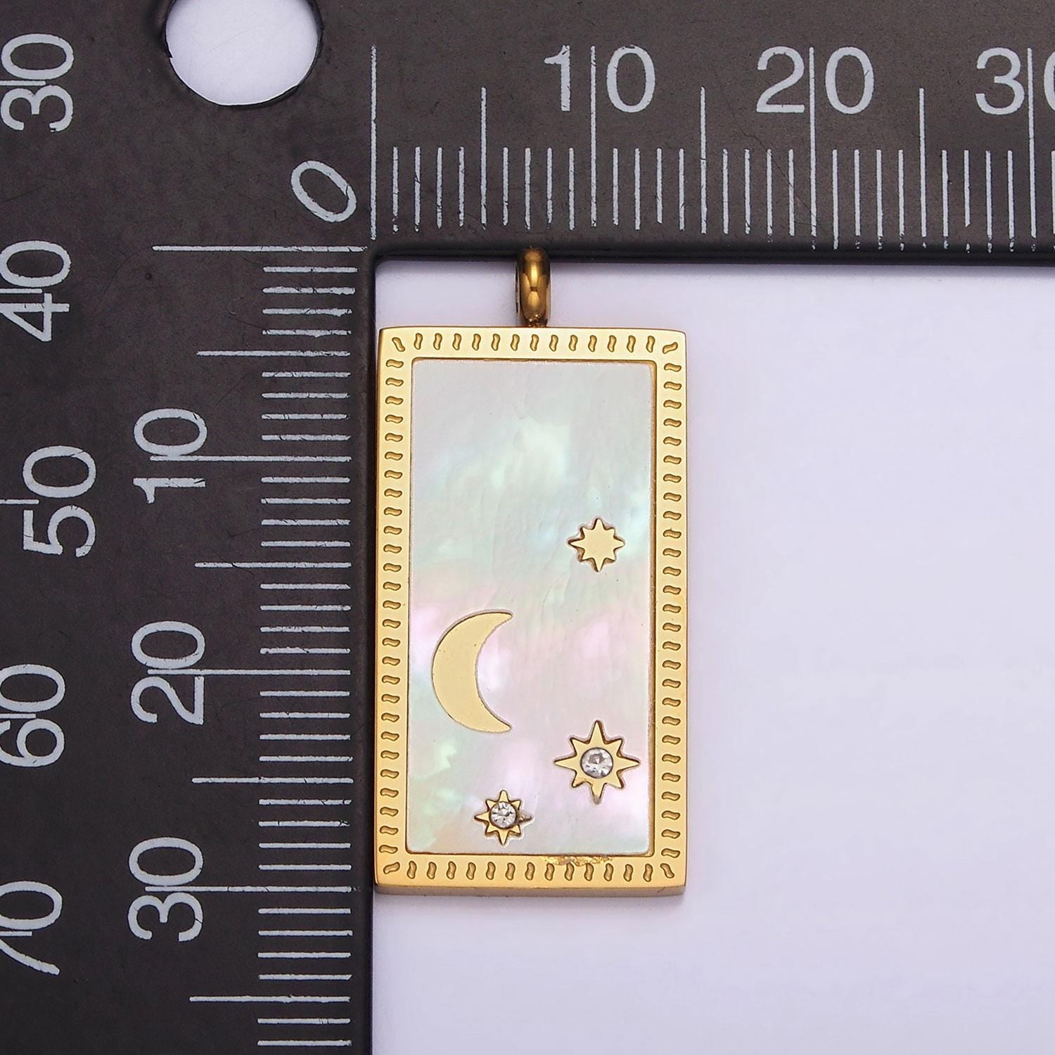 Pearl shell moon star rectangular minimalist cz charm pendant in gold & silver | p669 - p667