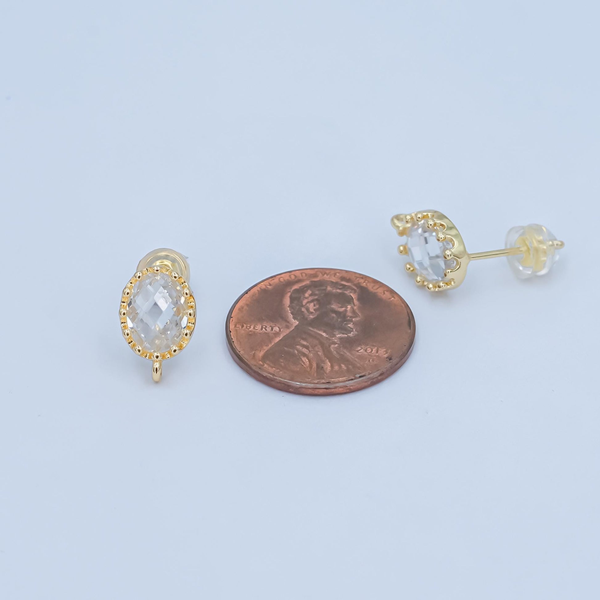 Gold Cz earrings stud Oval post with loop for jewelry making supplies 7.5 mm ear stud bulk Earring Supply for Jewelry Making Z-1114