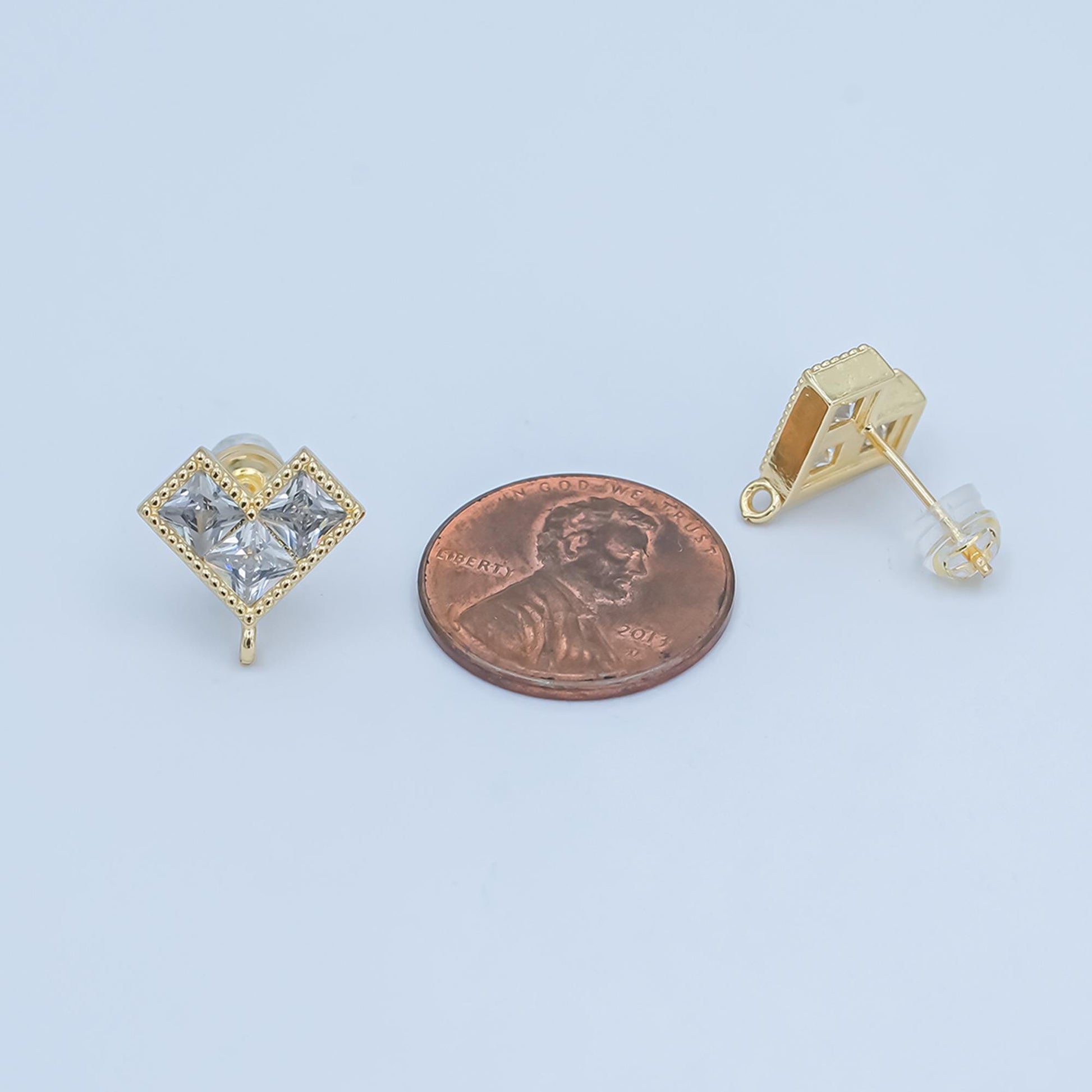 Gold Heart earrings stud CZ Diamond Heart post with loop for jewelry making supplies 13 mm ear stud bulk Earring Supply Z-1115