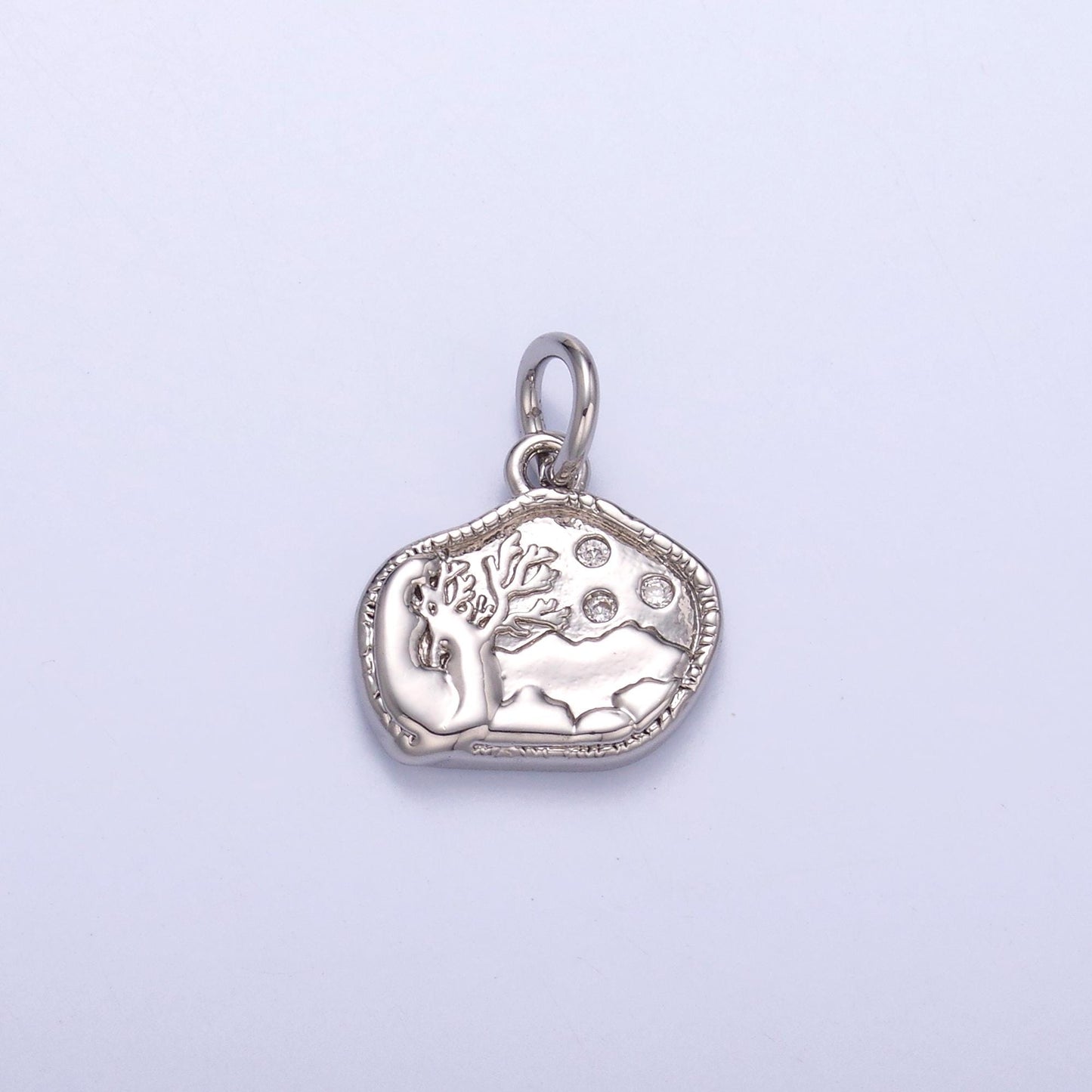 Textured Tree & Moon Landscape Pendant – Gold or Silver Charm – Nature Scene Jewelry Supplies N-072