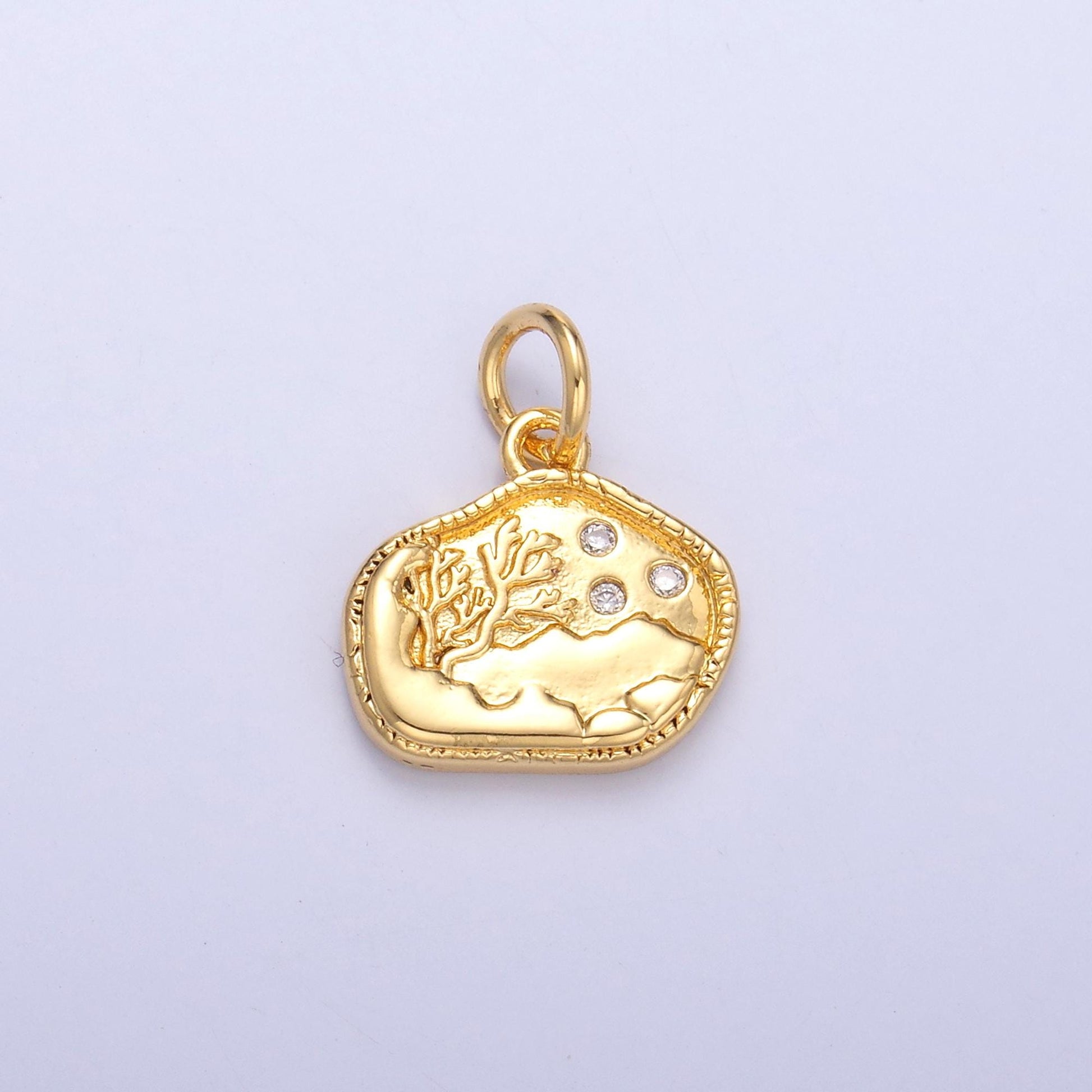 Textured Tree & Moon Landscape Pendant – Gold or Silver Charm – Nature Scene Jewelry Supplies N-072